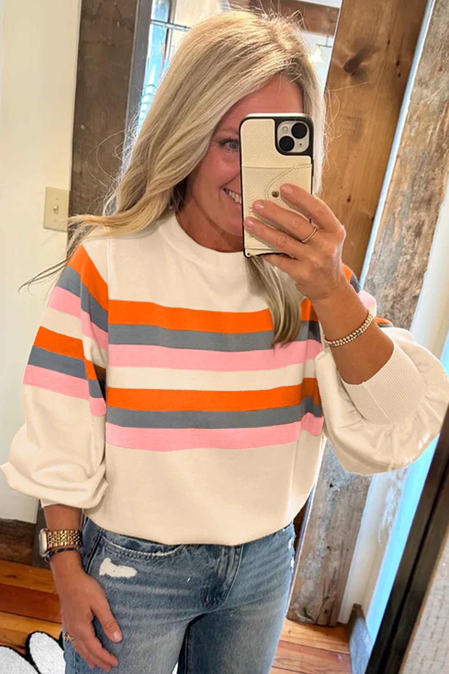 Beige Stripe Puff Sleeve Casual Pullover Sweatshirt-Tops/Sweatshirts & Hoodies-[Adult]-[Female]-2022 Online Blue Zone Planet