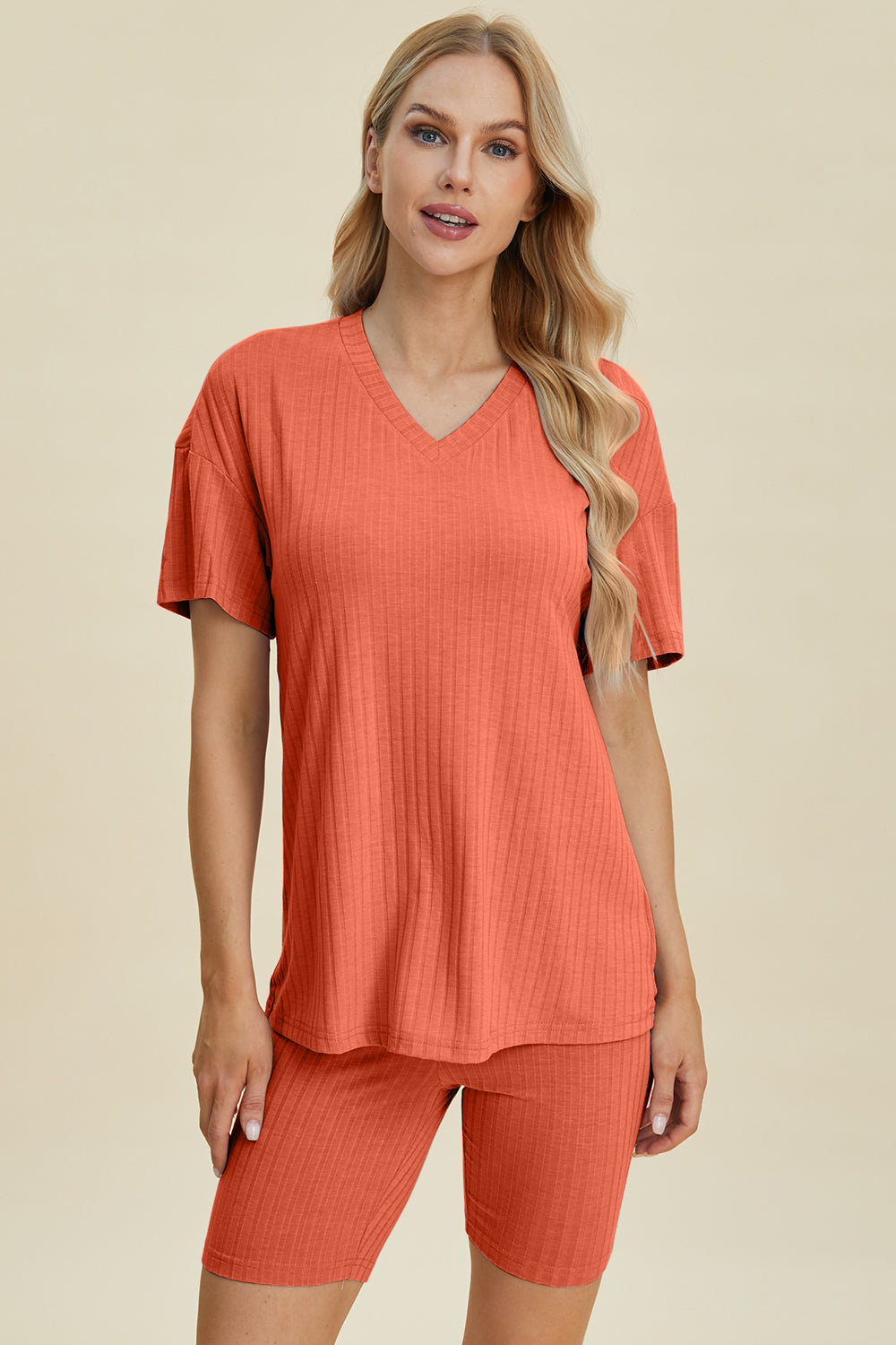 Basic Bae Full Size Ribbed V-Neck Short Sleeve Top and Shorts Set-TOPS / DRESSES-[Adult]-[Female]-Coral-S-2022 Online Blue Zone Planet