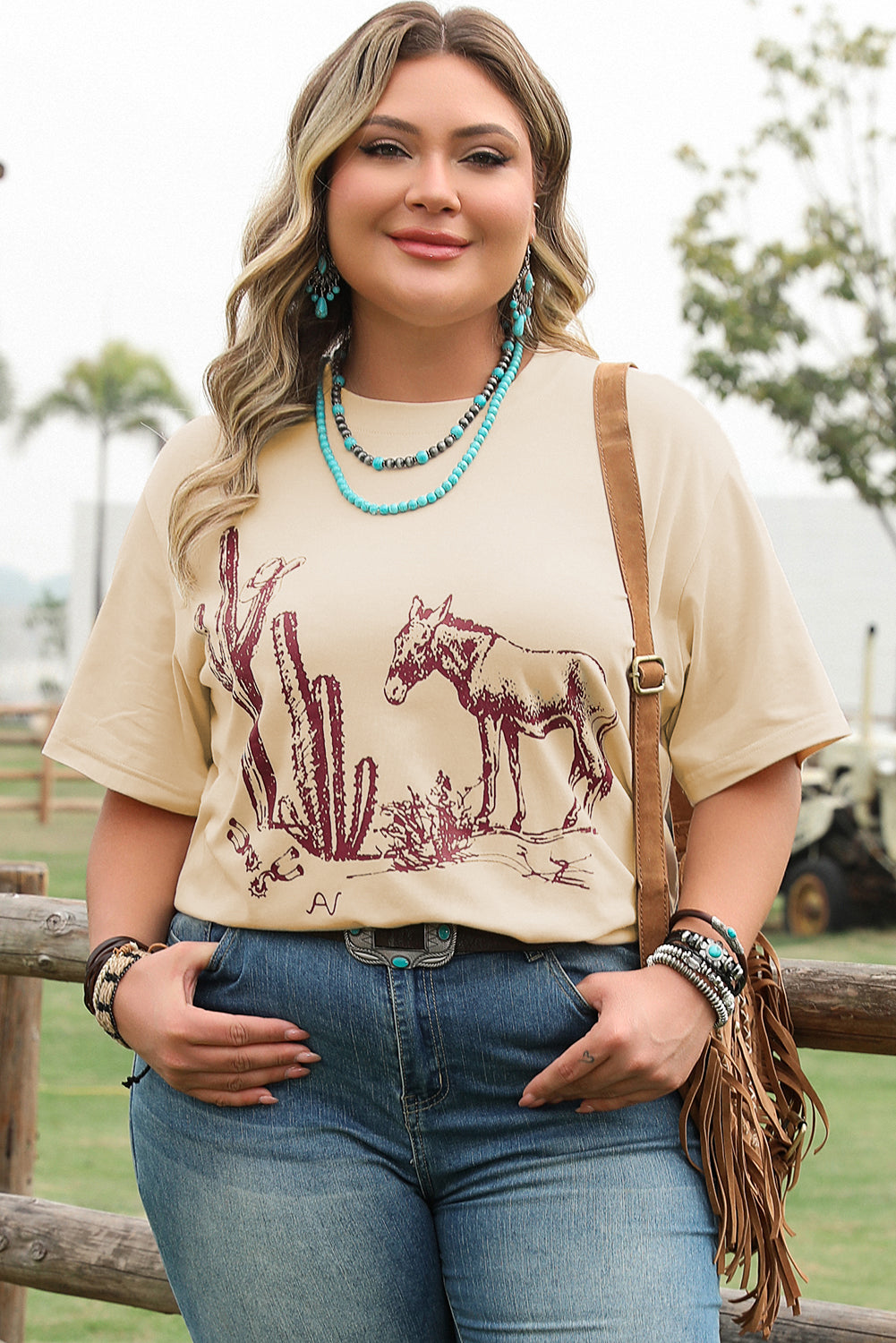 Parchment Western Burro Cactus Crew Neck Graphic Tee-Plus Size/Plus Size Tops/Plus Size Tops & Tees-[Adult]-[Female]-2022 Online Blue Zone Planet