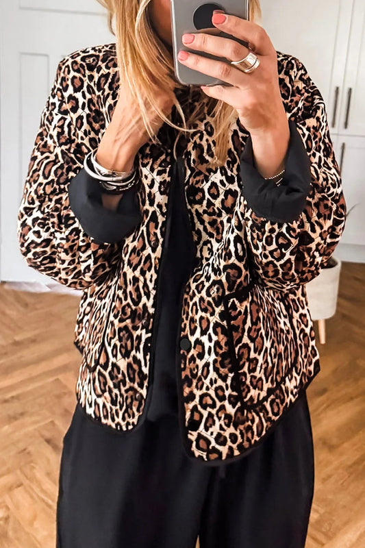 Brown Leopard Print Quilted Button Front Patch Pockets Jacket-Outerwear/Jackets-[Adult]-[Female]-Brown-S-2022 Online Blue Zone Planet