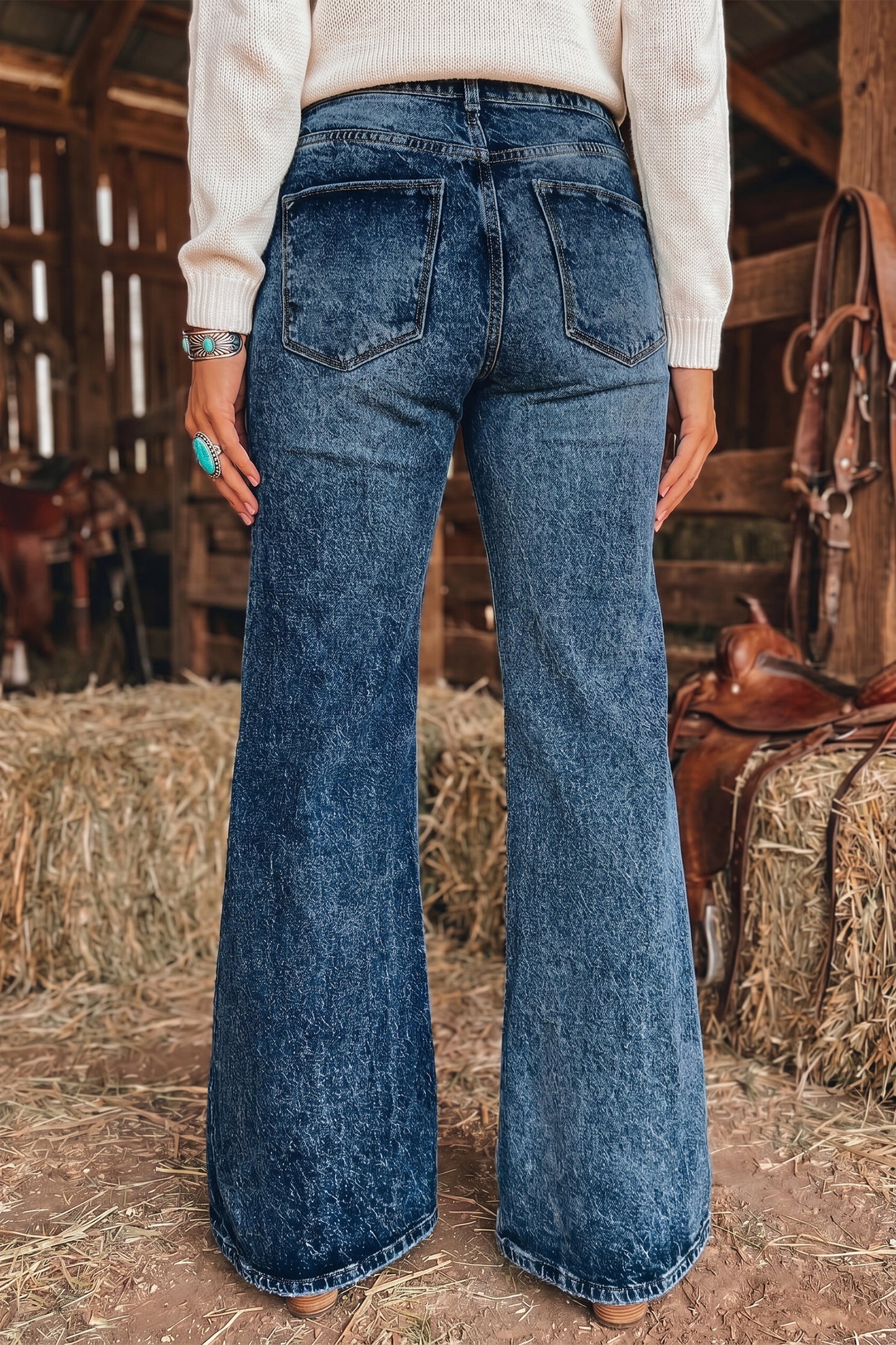 Sail Blue Acid Wash Pocket Detail Flare Jeans-Bottoms/Jeans-[Adult]-[Female]-2022 Online Blue Zone Planet