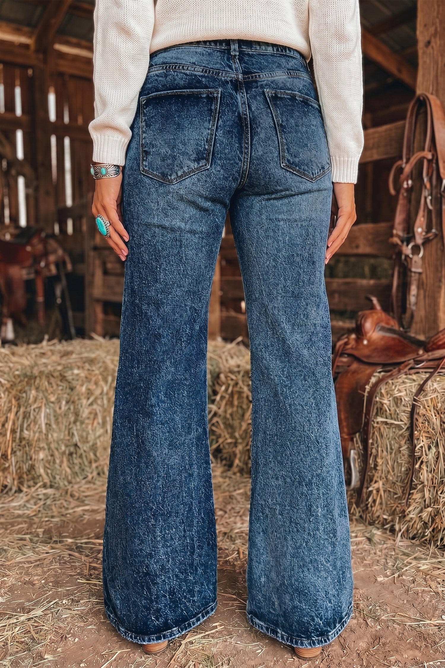 Sail Blue Acid Wash Pocket Detail Flare Jeans-Bottoms/Jeans-[Adult]-[Female]-2022 Online Blue Zone Planet