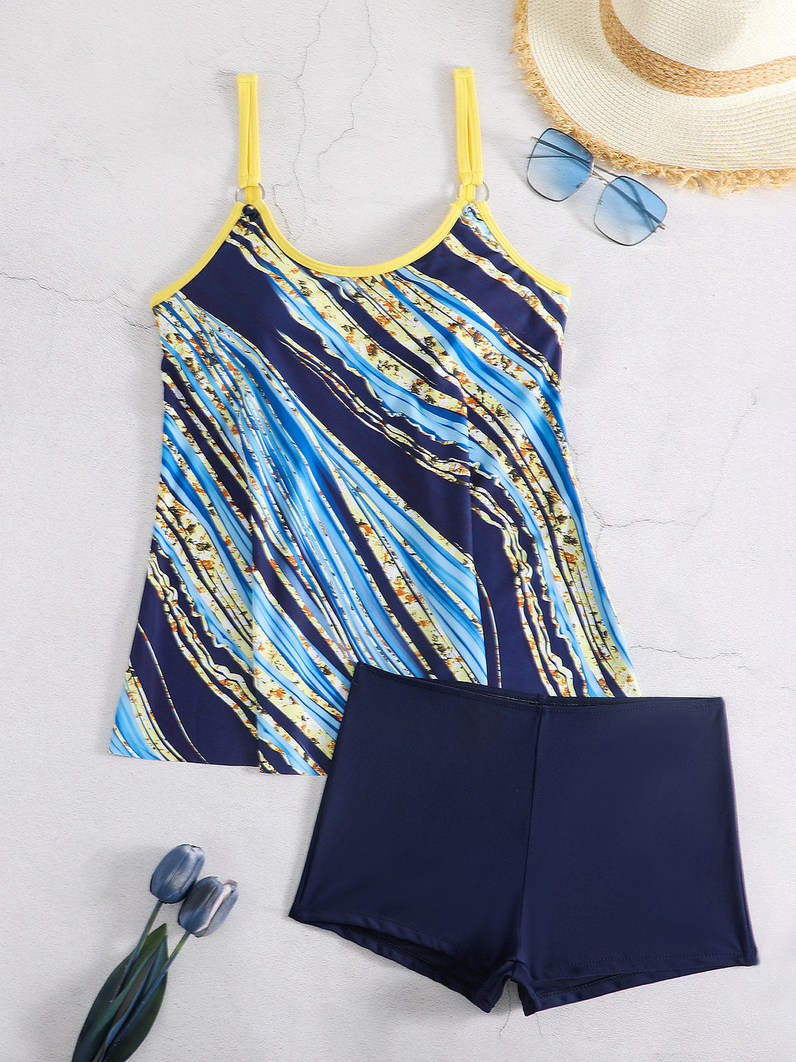 Blue Zone Planet | Printed Round Neck Two-Piece Swim Set-TOPS / DRESSES-[Adult]-[Female]-2022 Online Blue Zone Planet