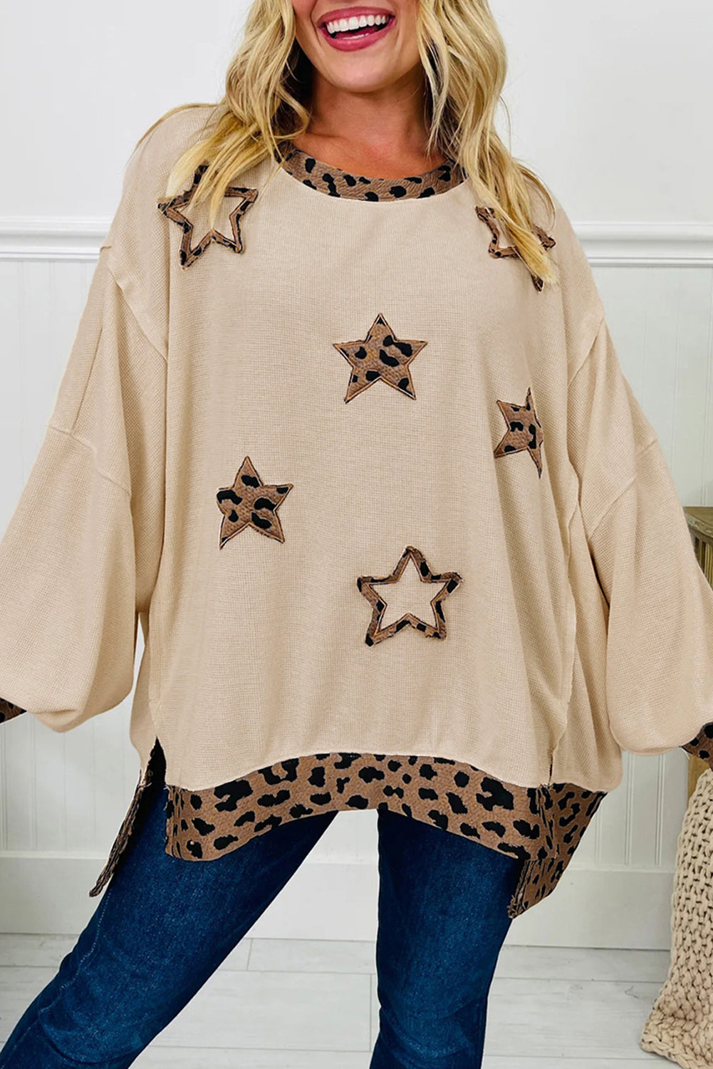 Beige Contrast Leopard Star Patchwork Detail Raw Seam Baggy Sweatshirt-Tops/Sweatshirts & Hoodies-[Adult]-[Female]-Beige-S-2022 Online Blue Zone Planet