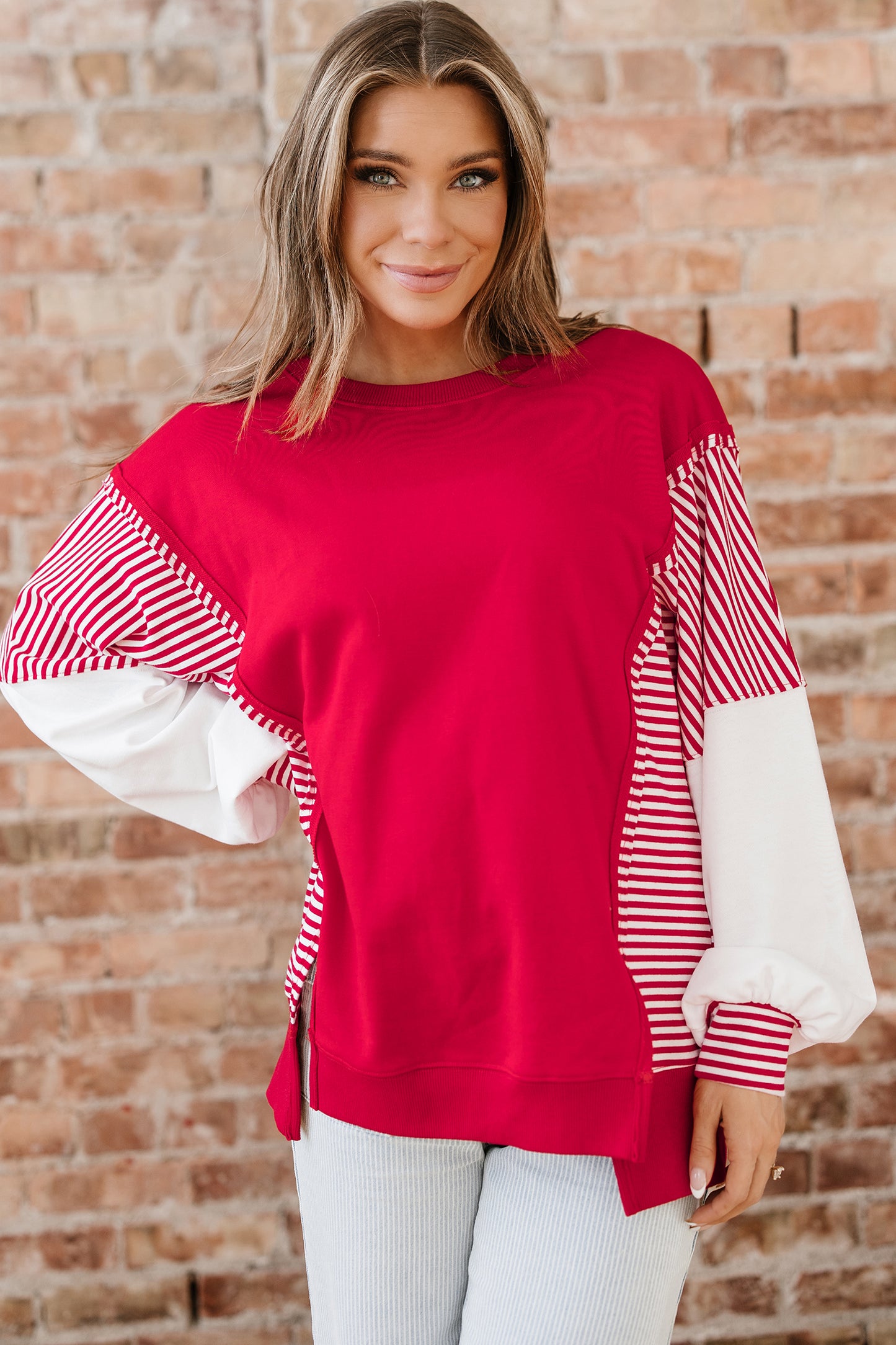 Fiery Red Striped Patchwork Sleeve Colorblock Sweatshirt-Tops/Sweatshirts & Hoodies-[Adult]-[Female]-2022 Online Blue Zone Planet