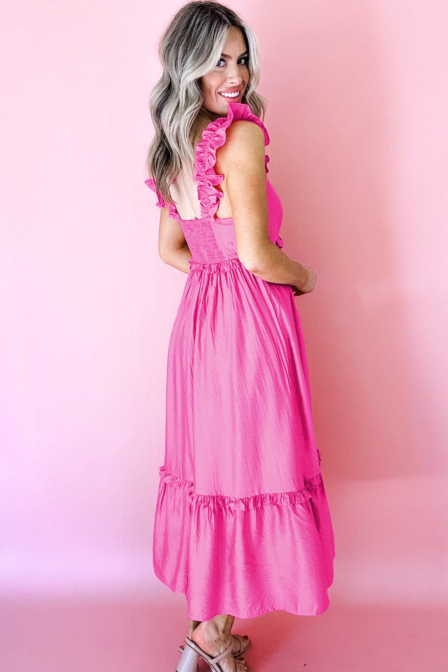 Bonbon Solid Color Ruffle Trim High Waist Sleeveless Maxi Dress-TOPS / DRESSES-[Adult]-[Female]-2022 Online Blue Zone Planet