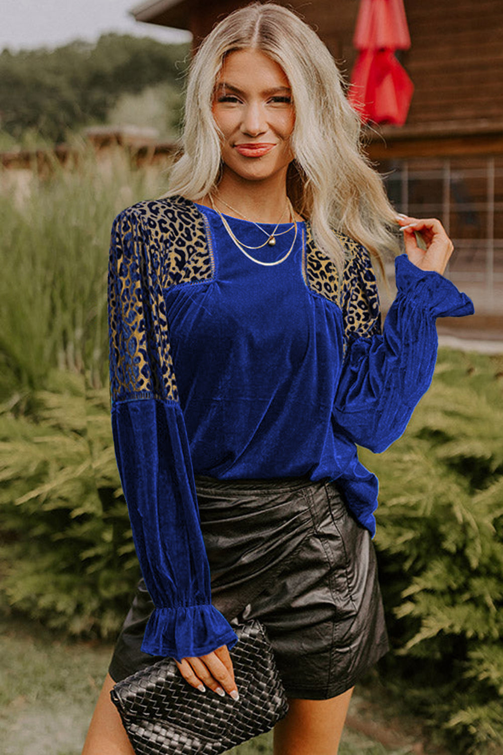 Sky Blue Leopard Patchwork Shoulder Flounce Sleeve Velvet Blouse-Tops/Blouses & Shirts-[Adult]-[Female]-2022 Online Blue Zone Planet