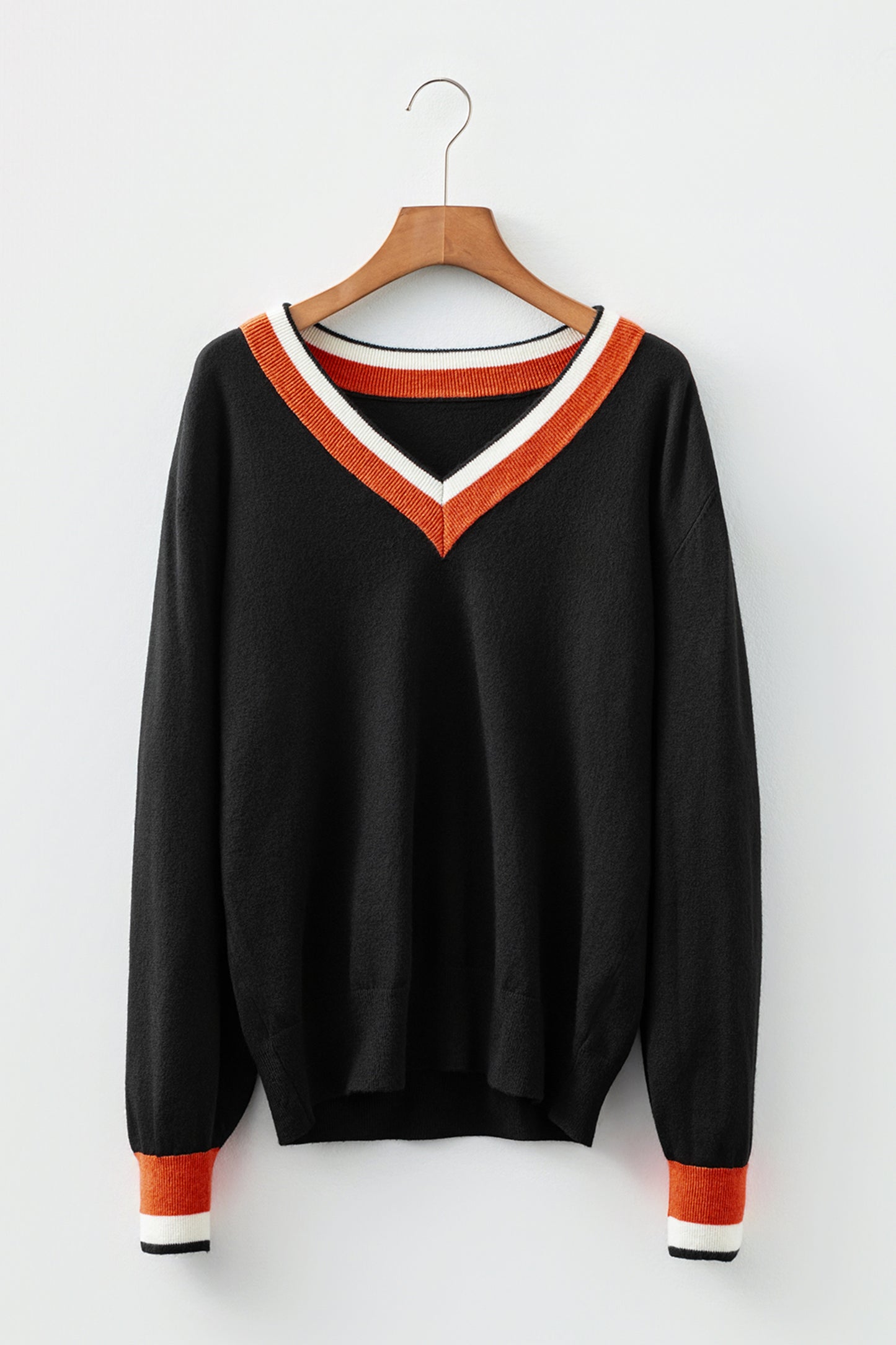 Black Contrast Striped Trim V Neck Varsity Sweater-TOPS / DRESSES-[Adult]-[Female]-2022 Online Blue Zone Planet