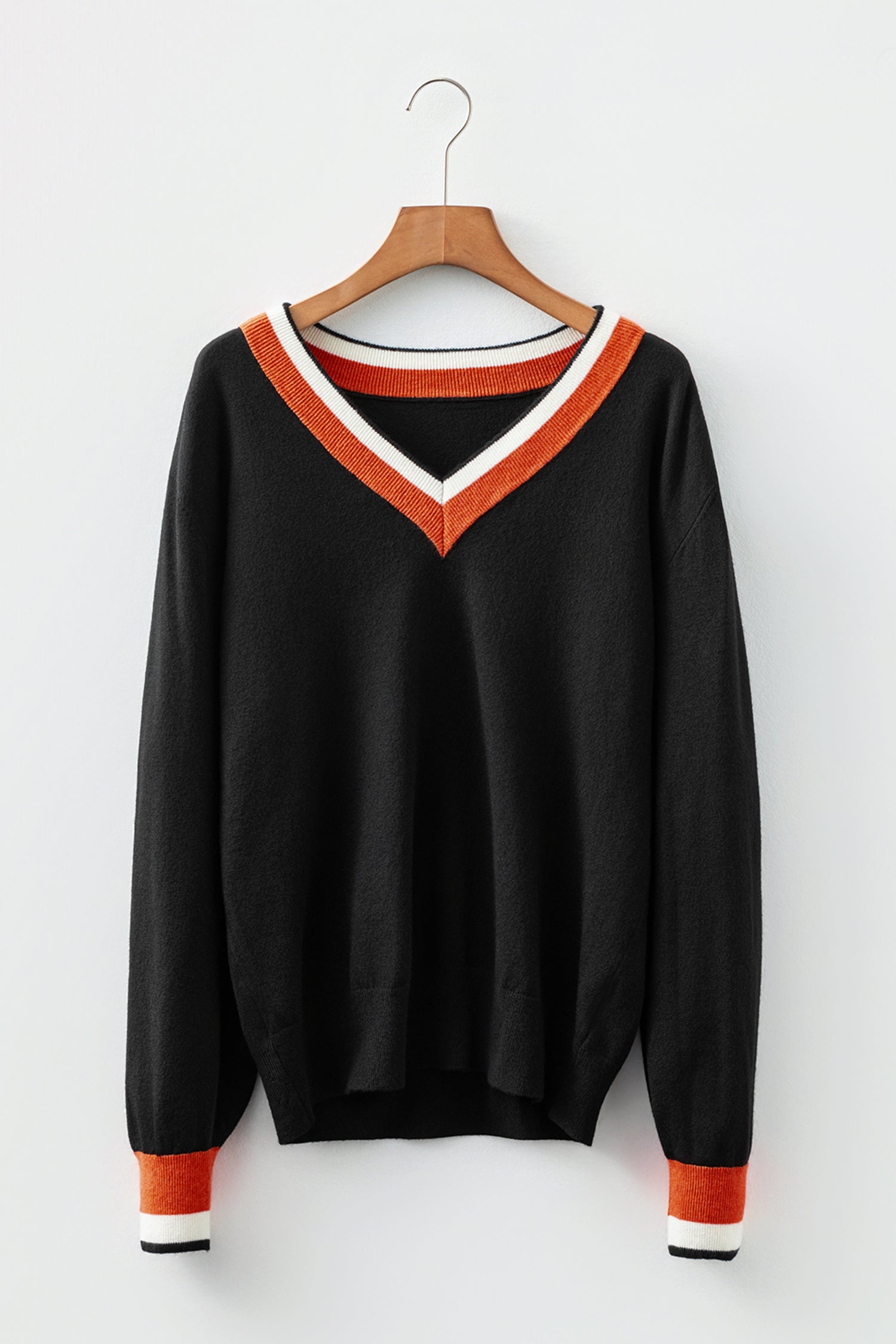 Black Contrast Striped Trim V Neck Varsity Sweater-TOPS / DRESSES-[Adult]-[Female]-2022 Online Blue Zone Planet