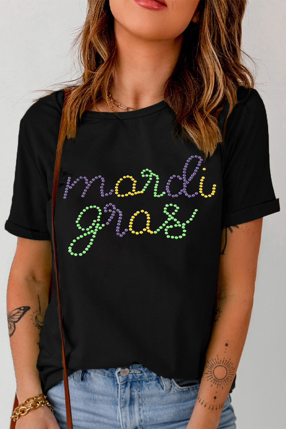 Blue Zone Planet | Black mardi gras Letter Print Casual Crewneck Tee-Graphic Tees-[Adult]-[Female]-2022 Online Blue Zone Planet