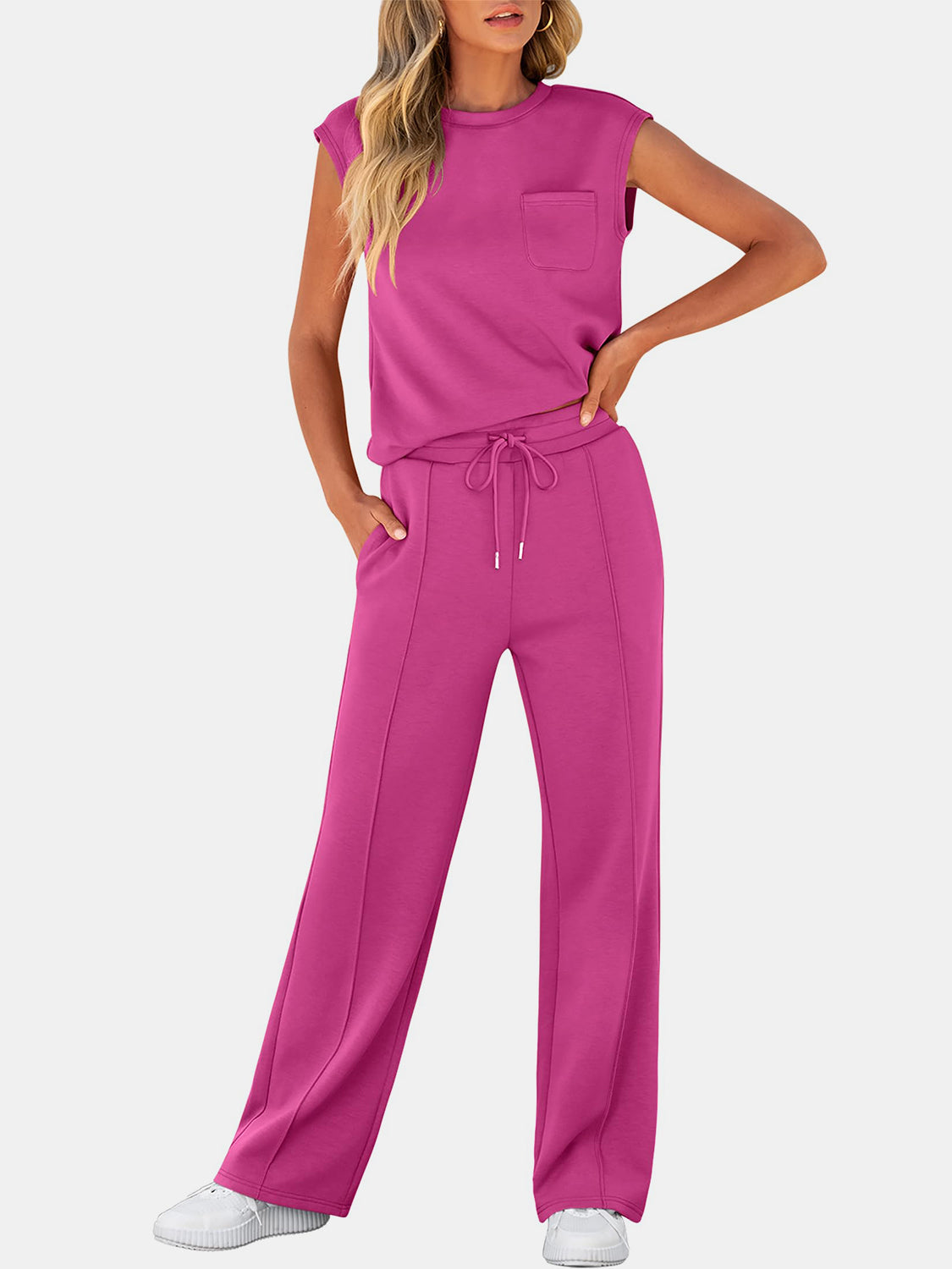 Full Size Round Neck Top and Drawstring Pants Set-TOPS / DRESSES-[Adult]-[Female]-Cerise-S-2022 Online Blue Zone Planet