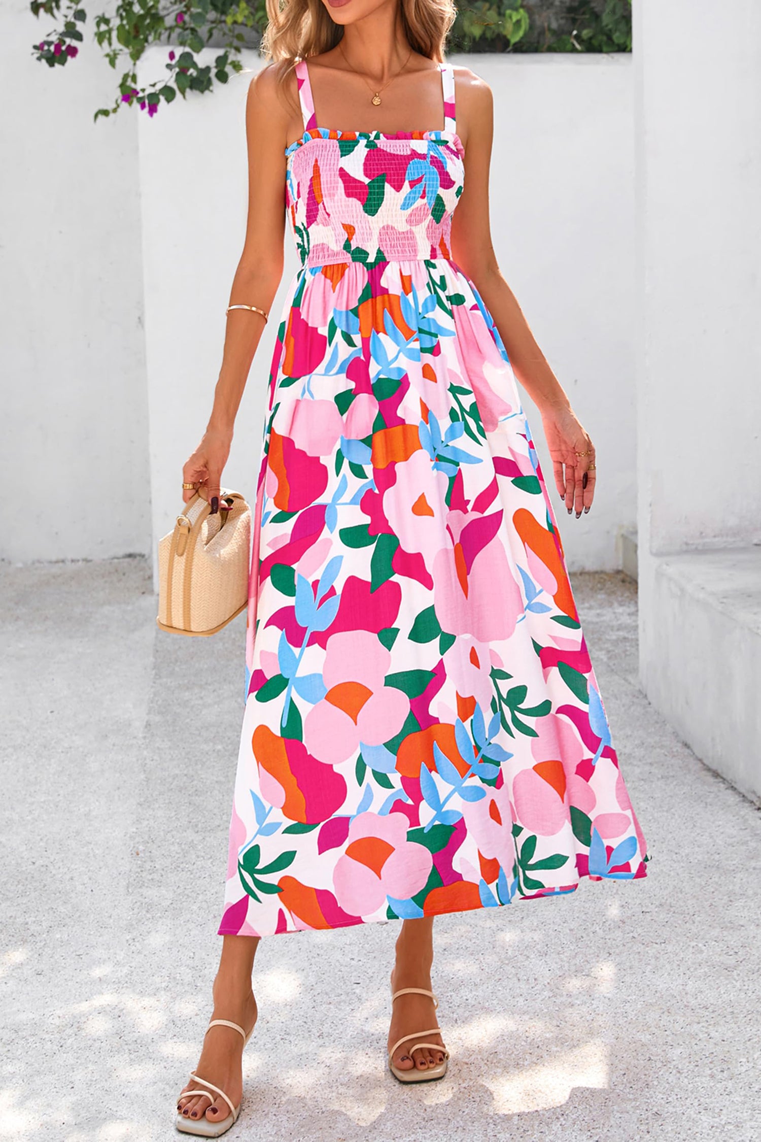Pink Floral Print Adjustable Straps Smocked High Waist Sundress-Dresses/Floral Dresses-[Adult]-[Female]-2022 Online Blue Zone Planet