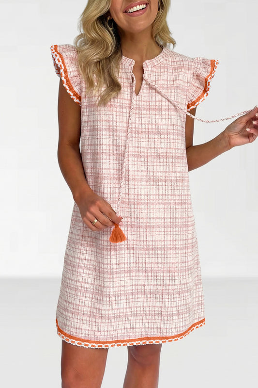 White Jacquard Textured Contrast Trim Short Sleeve Tassel Tie Shift Dress-Dresses/Mini Dresses-[Adult]-[Female]-White-S-2022 Online Blue Zone Planet