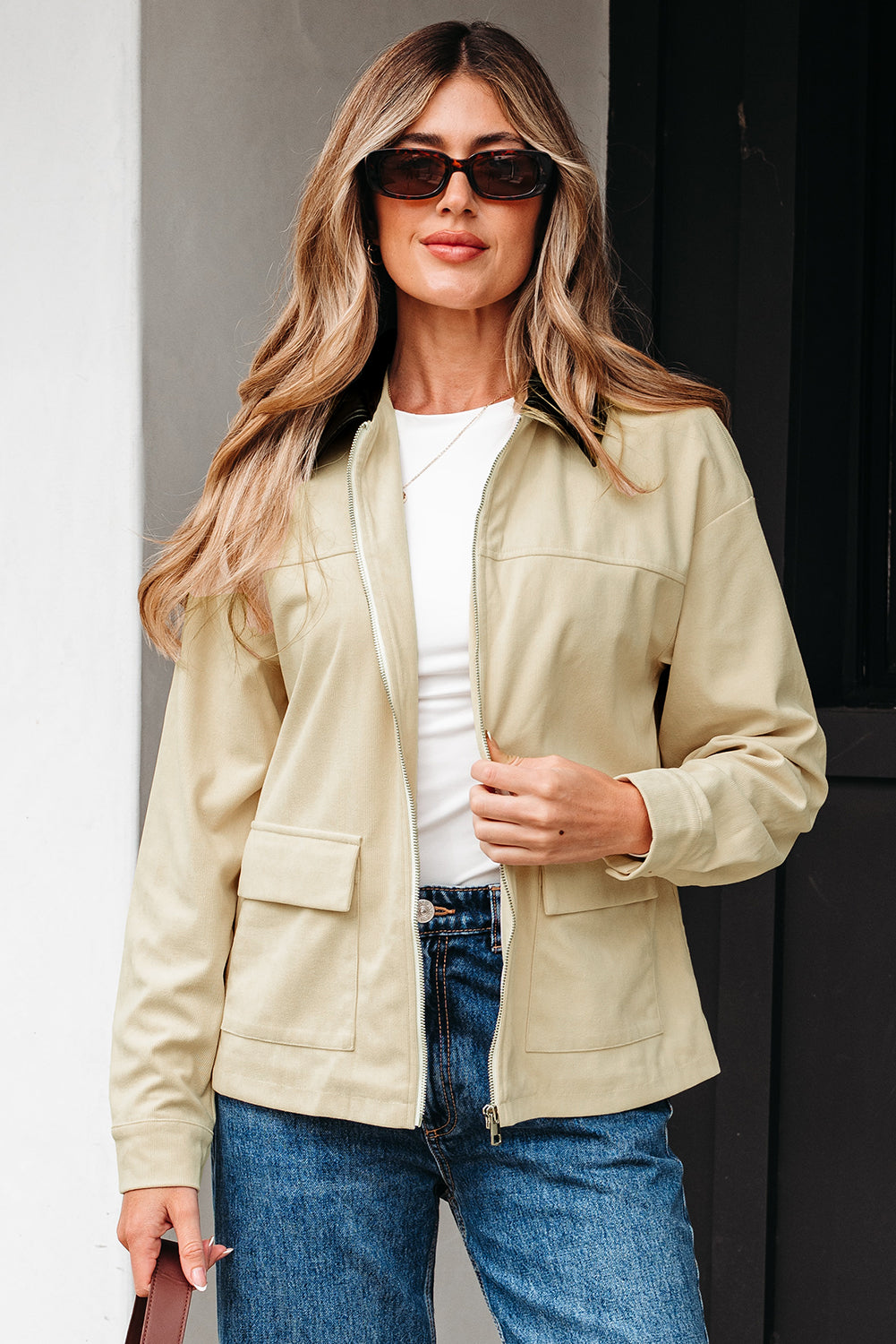 Parchment Contrast Leather Collar Textured Zip Up Jacket-Outerwear/Jackets-[Adult]-[Female]-2022 Online Blue Zone Planet