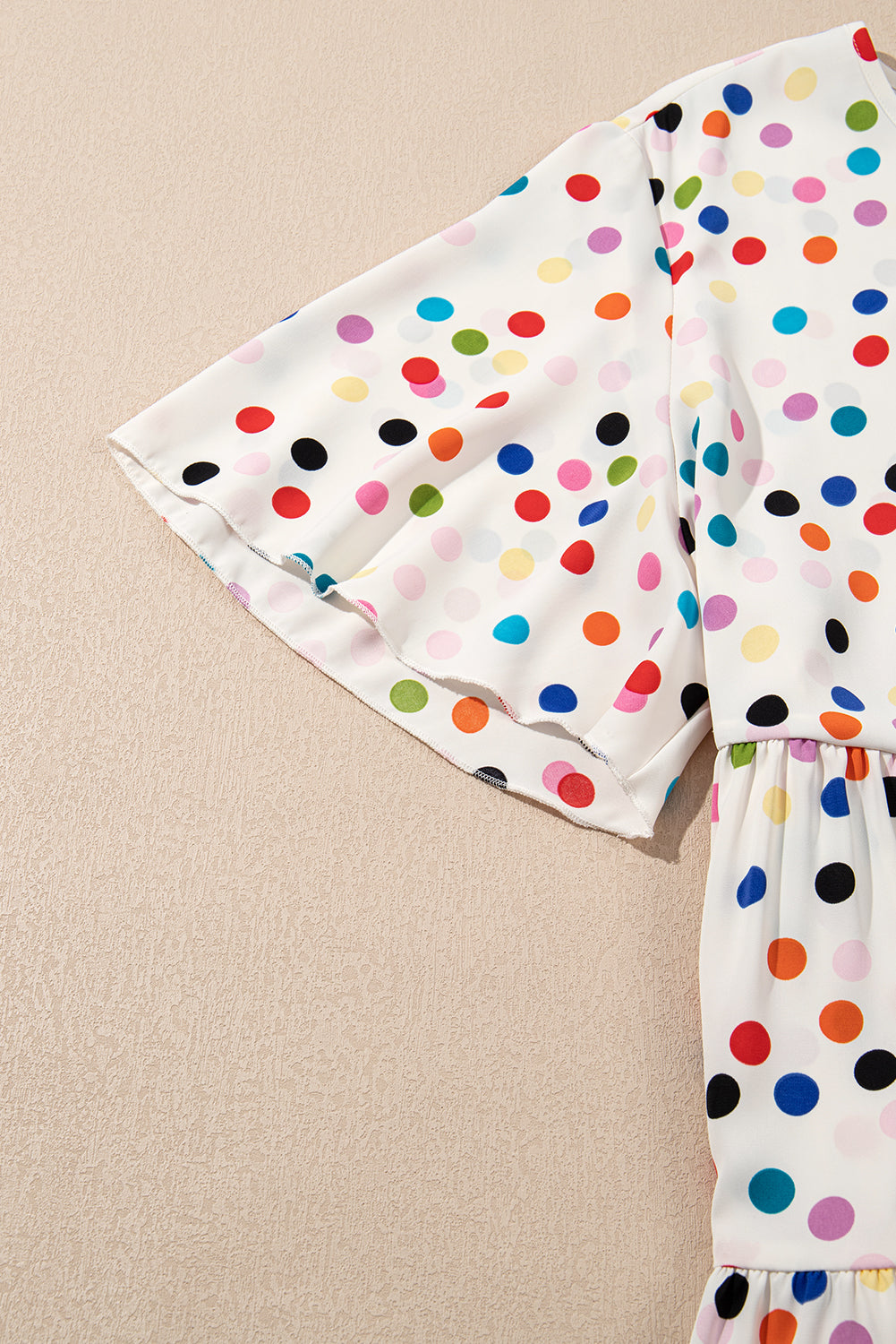 Beige Colorful Polka Dot Print Short Sleeve Ruffled Plus Size Babydoll Blouse-Plus Size/Plus Size Tops/Plus Size Blouses & Shirts-[Adult]-[Female]-2022 Online Blue Zone Planet