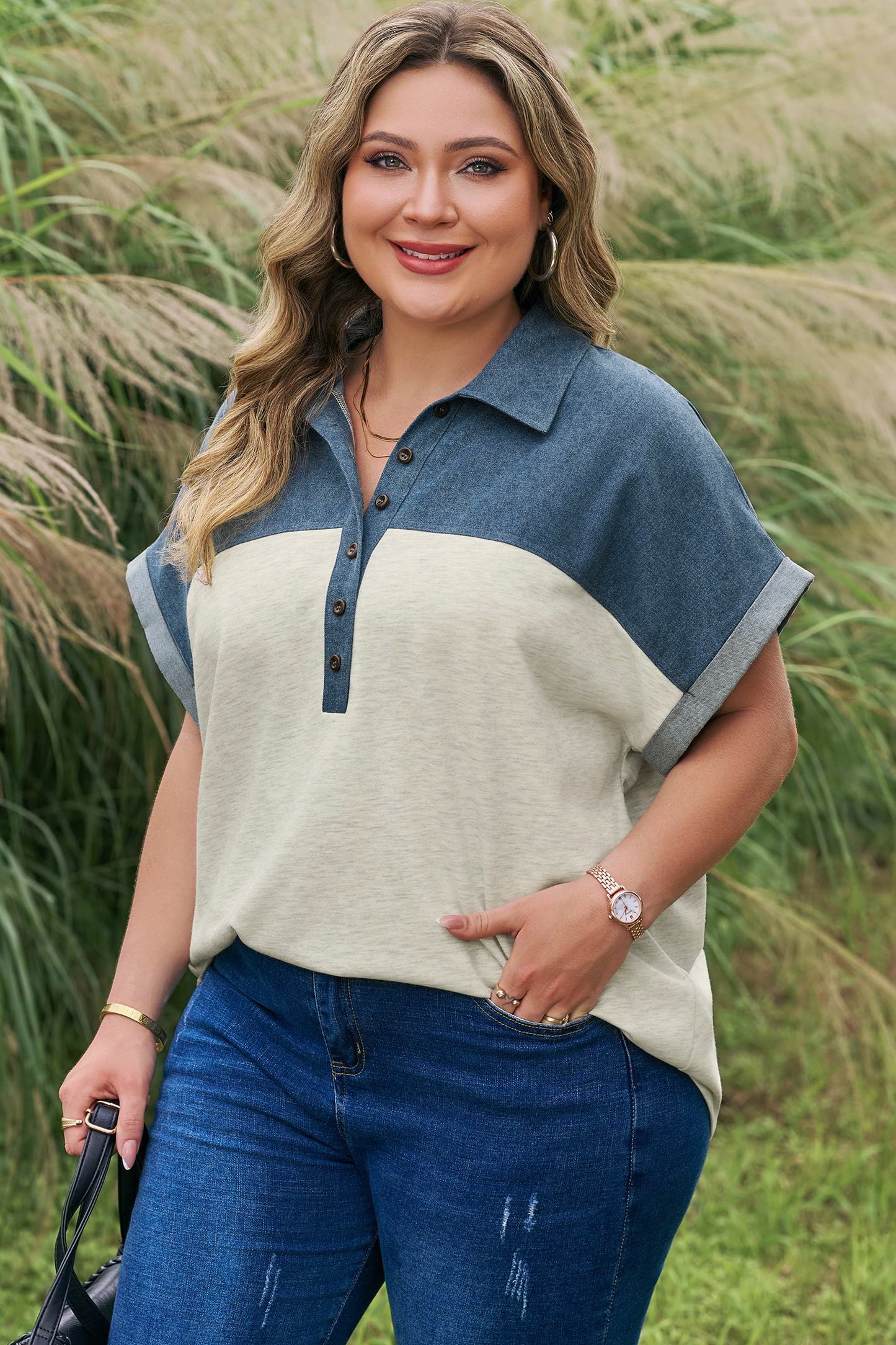 Light Grey Half Buttons Collared Denim Patchwork Plus Short Sleeve Top-Plus Size/Plus Size Tops/Plus Size Blouses & Shirts-[Adult]-[Female]-2022 Online Blue Zone Planet