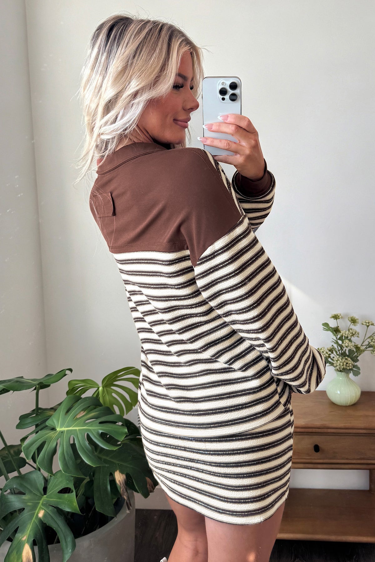 Brown Stripe Contrast Trim Button Neck Long Sleeve Top Drawstring Mini Skirt Set-Two Piece Sets/Two Piece Dresses-[Adult]-[Female]-2022 Online Blue Zone Planet