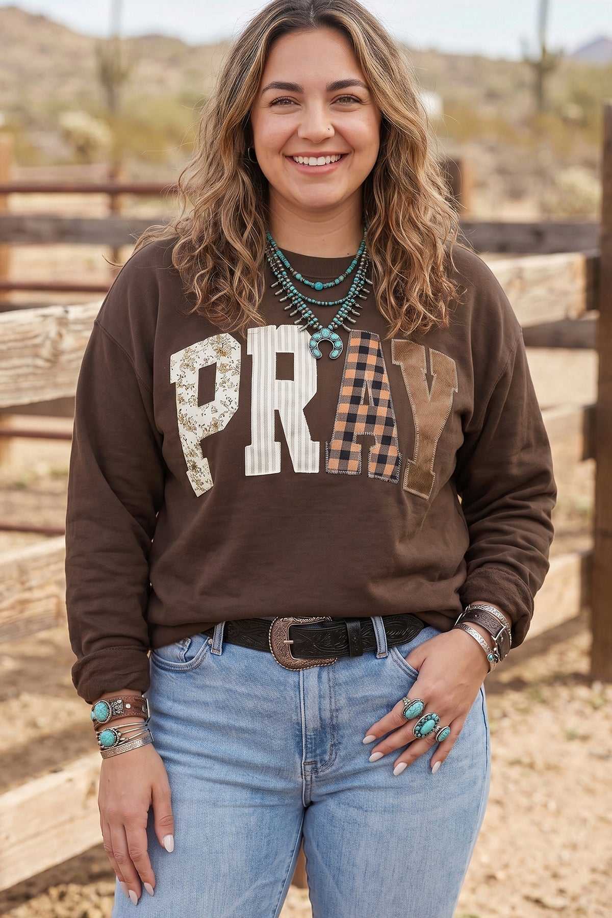 Coffee PRAY Letter Patchwork Round Neck Long Sleeve Plus Size Sweatshirt-Plus Size/Plus Size Sweatshirts & Hoodies-[Adult]-[Female]-2022 Online Blue Zone Planet