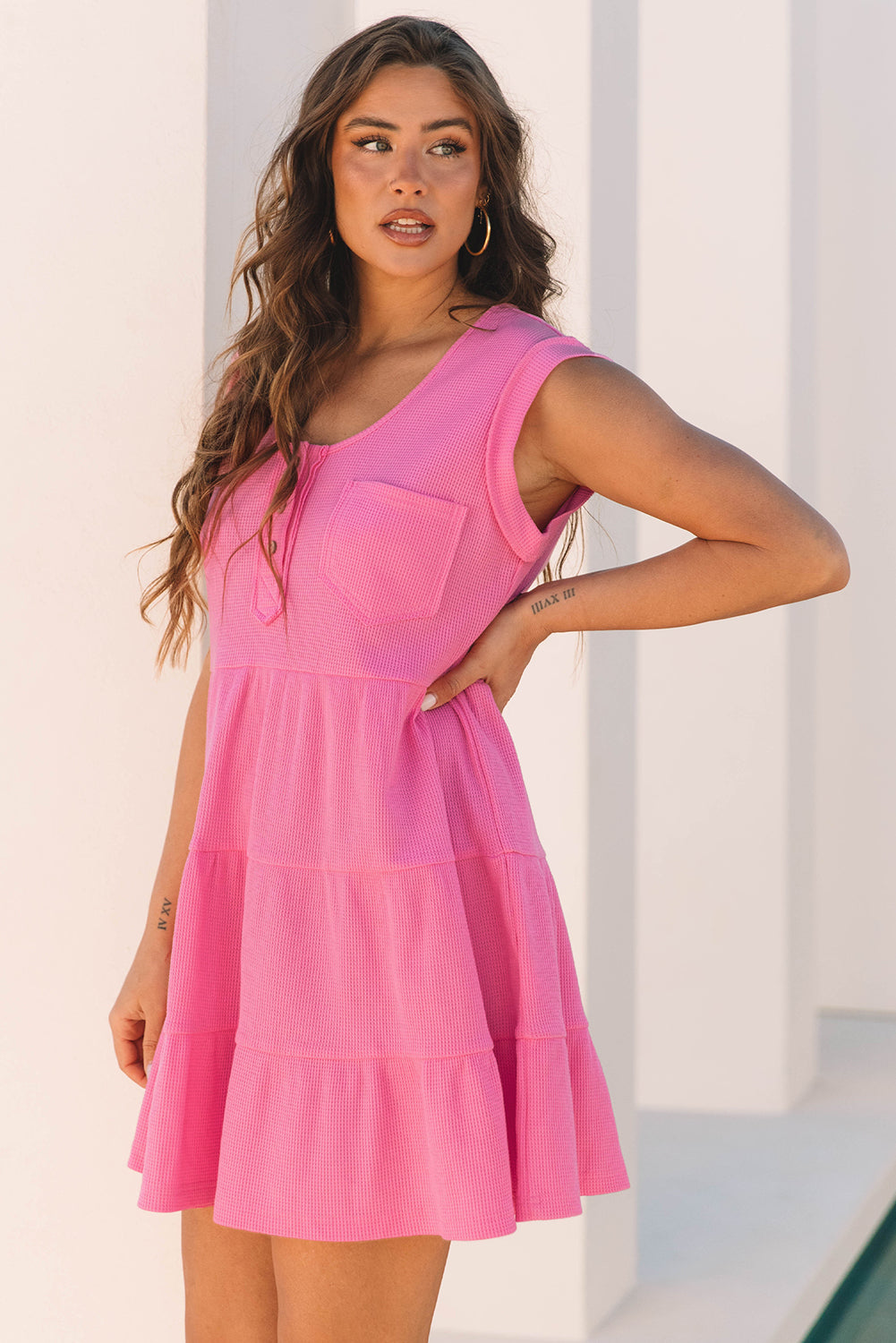 Bright Pink Waffle Textured Button Round Neck A-line Tiered Sleeveless Dress-TOPS / DRESSES-[Adult]-[Female]-2022 Online Blue Zone Planet