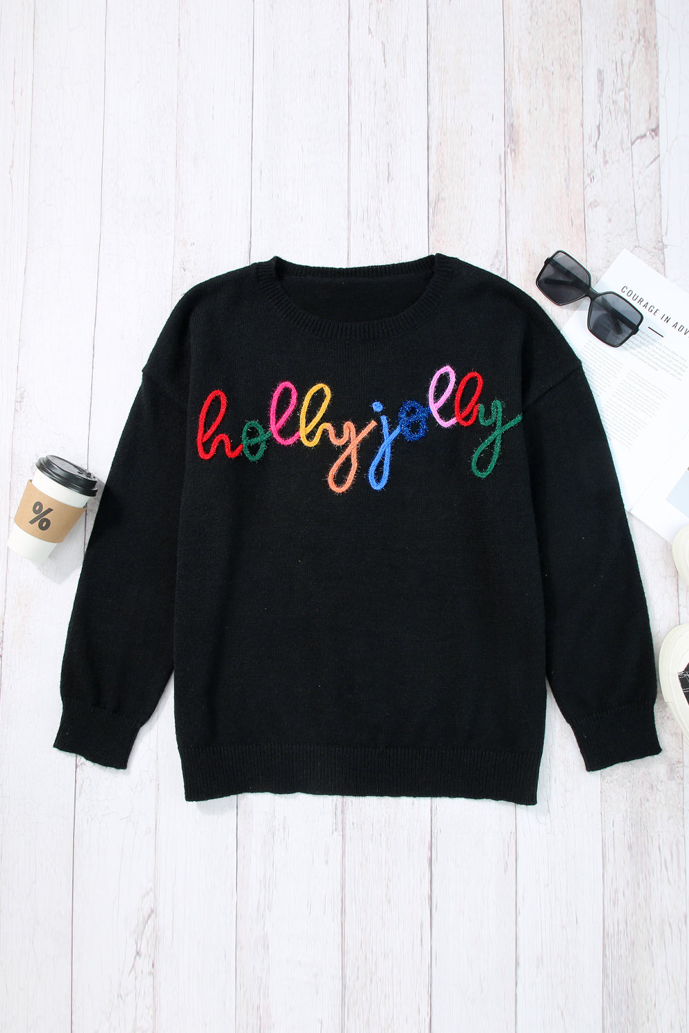 White Glitter Merry & Bright Round Neck Knit Sweater-Sweaters-[Adult]-[Female]-2022 Online Blue Zone Planet