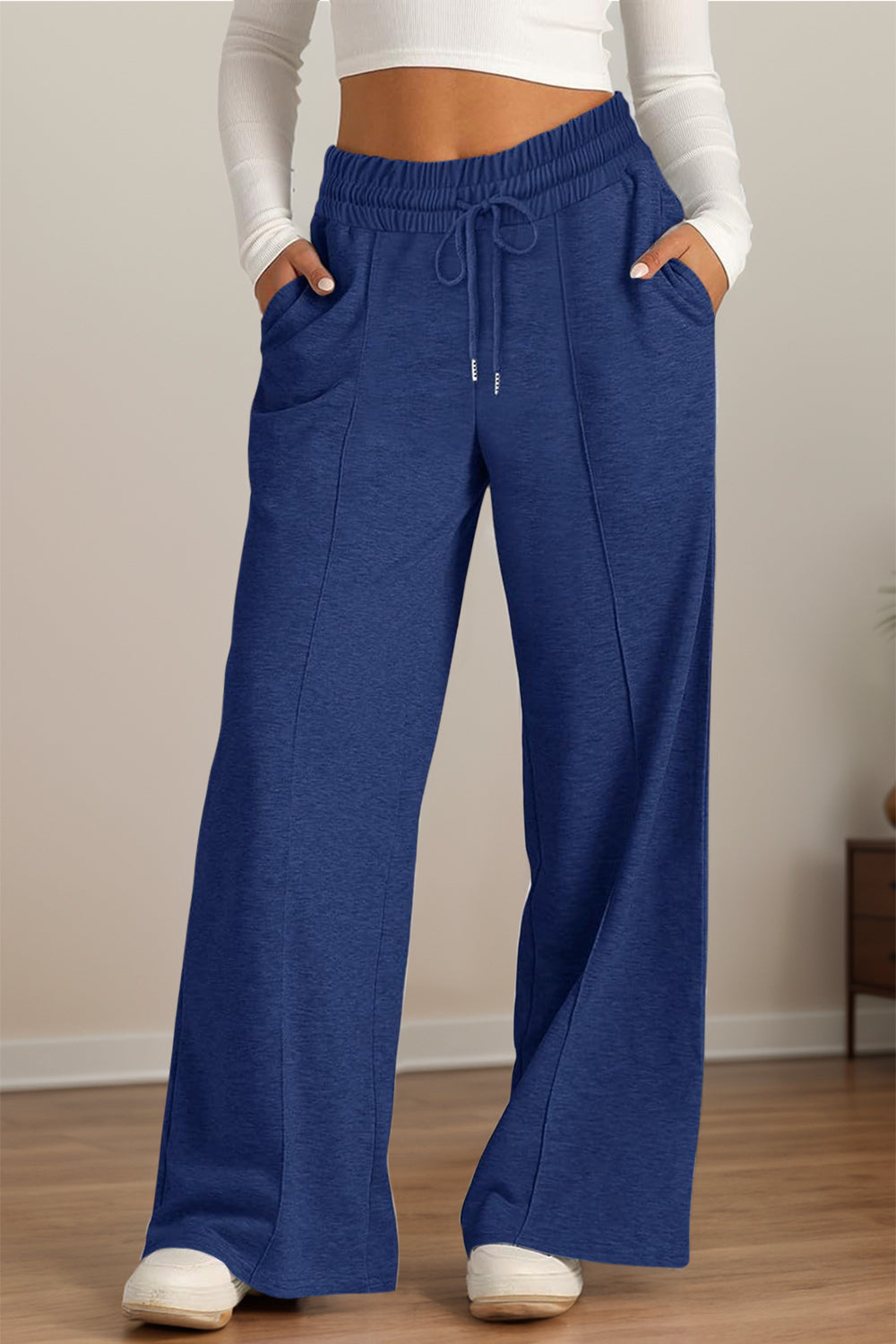 Drawstring Elastic Waist Wide Leg Pants-BOTTOMS SIZES SMALL MEDIUM LARGE-[Adult]-[Female]-Navy-S-2022 Online Blue Zone Planet