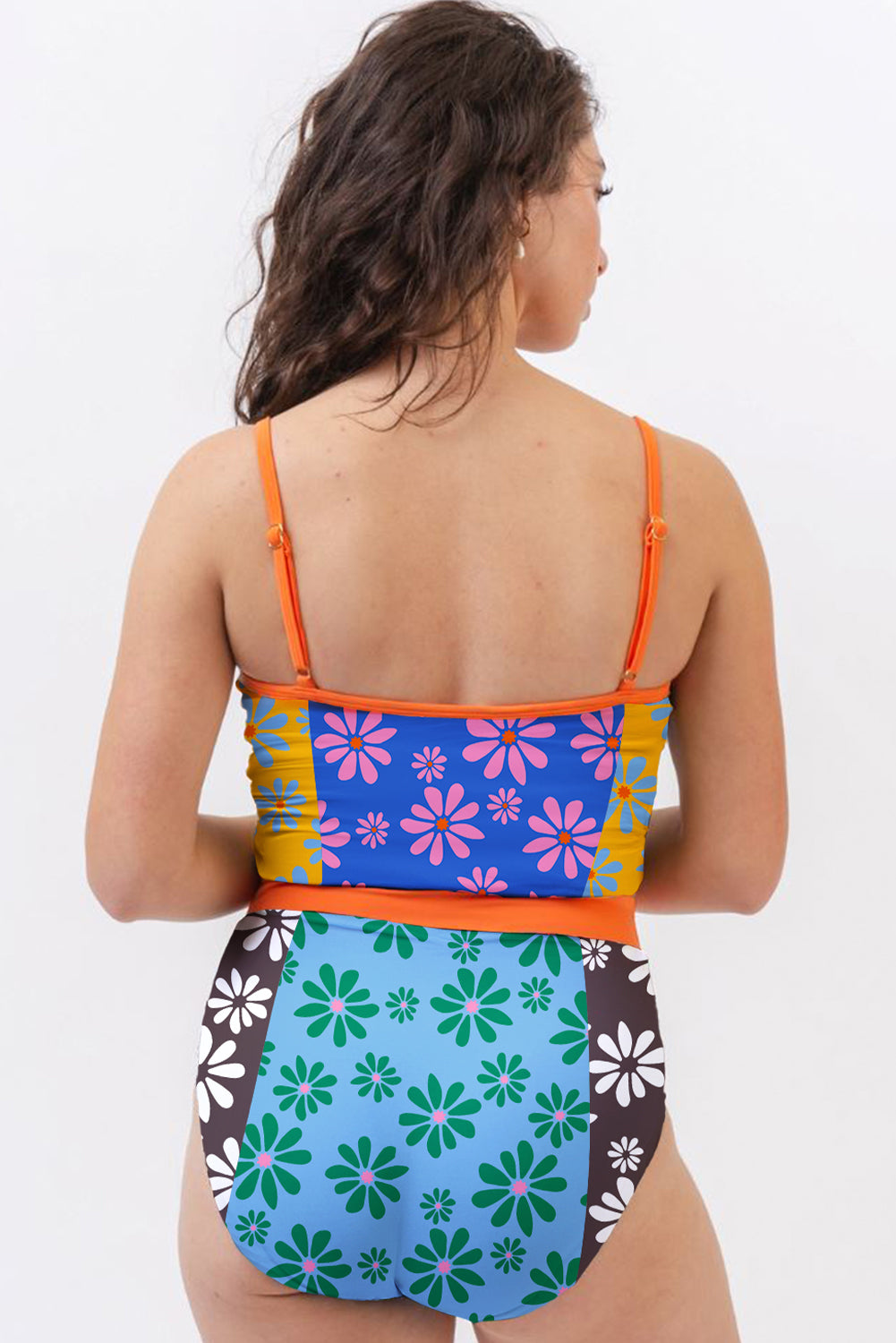 Orange Floral Colorblock Buttoned Front Spaghetti Straps Swimsuit-One-Piece-[Adult]-[Female]-2022 Online Blue Zone Planet