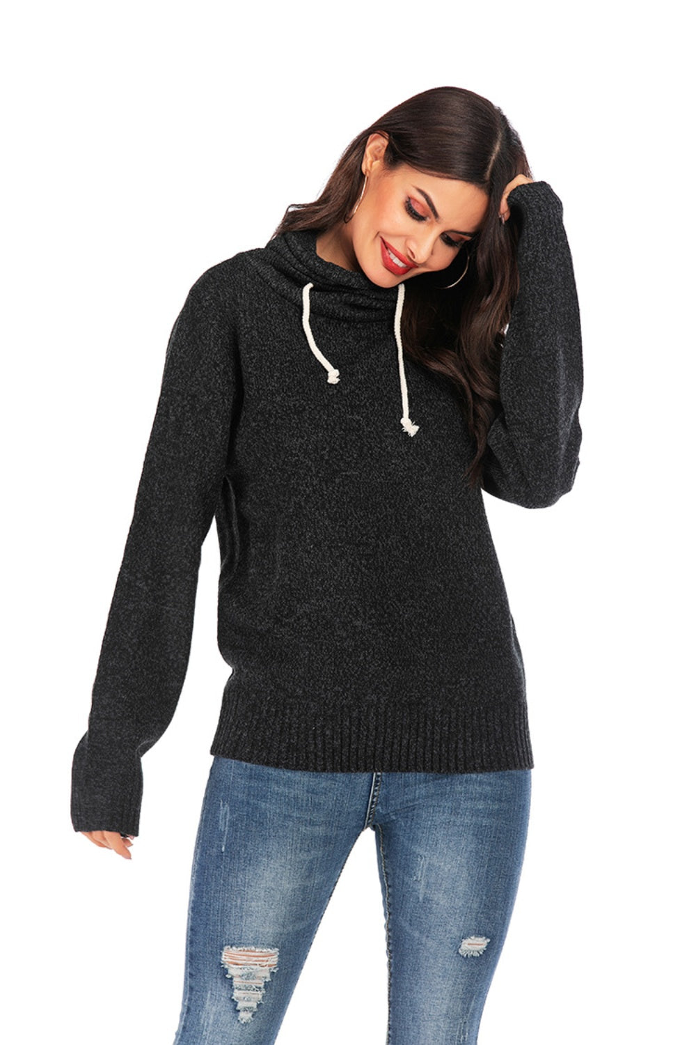 Drawstring Mock Neck Long Sleeve Sweater-TOPS / DRESSES-[Adult]-[Female]-2022 Online Blue Zone Planet