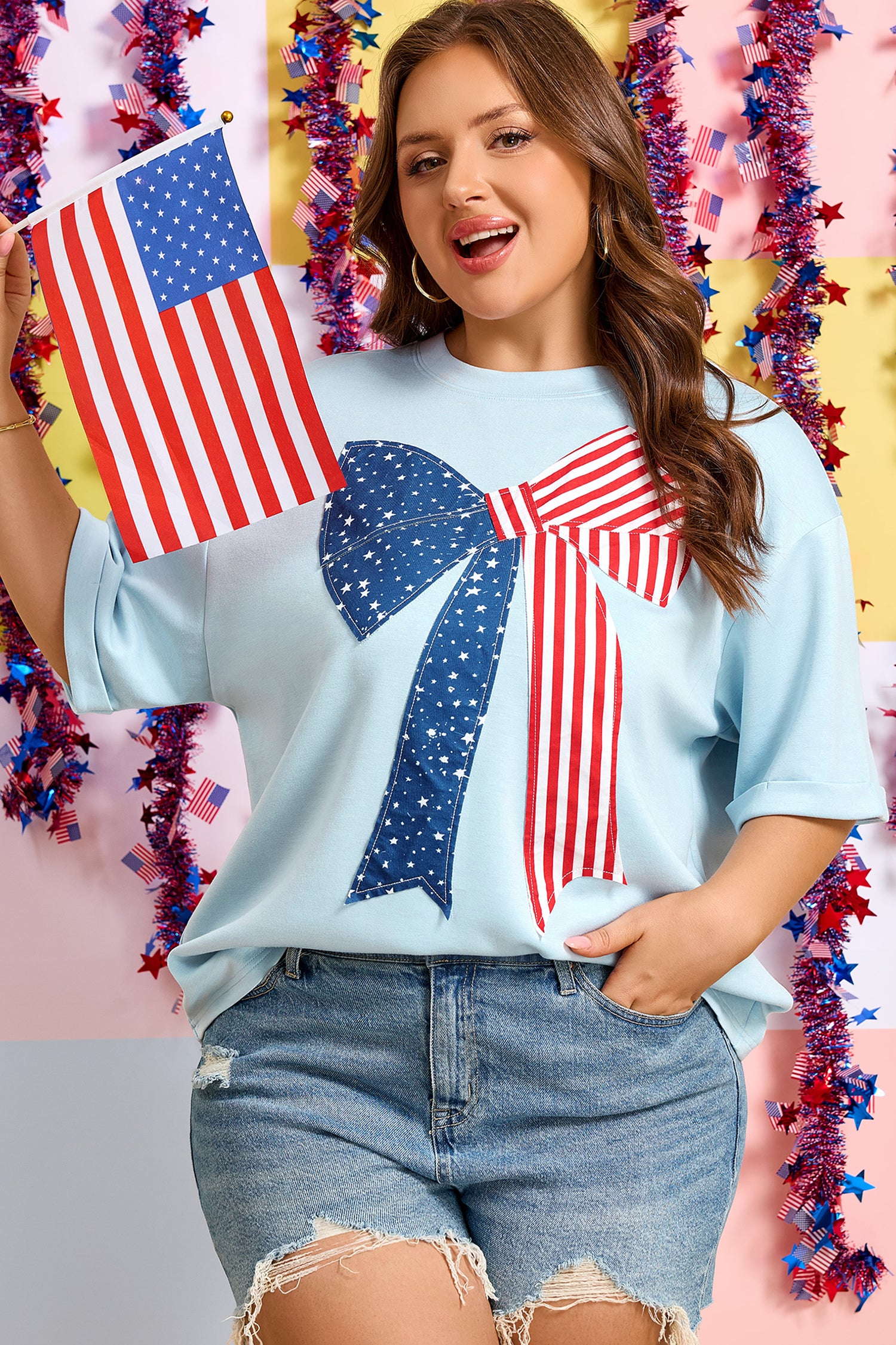 Beau Blue Plus Size Patriotic Bow Patchwork Graphic T-Shirt-Plus Size/Plus Size Tops/Plus Size Tops & Tees-[Adult]-[Female]-2022 Online Blue Zone Planet