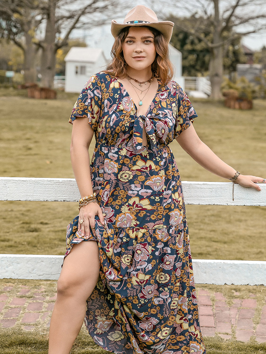 Blue Zone Planet | Plus Size Tied Printed Short Sleeve Midi Dress-TOPS / DRESSES-[Adult]-[Female]-2022 Online Blue Zone Planet