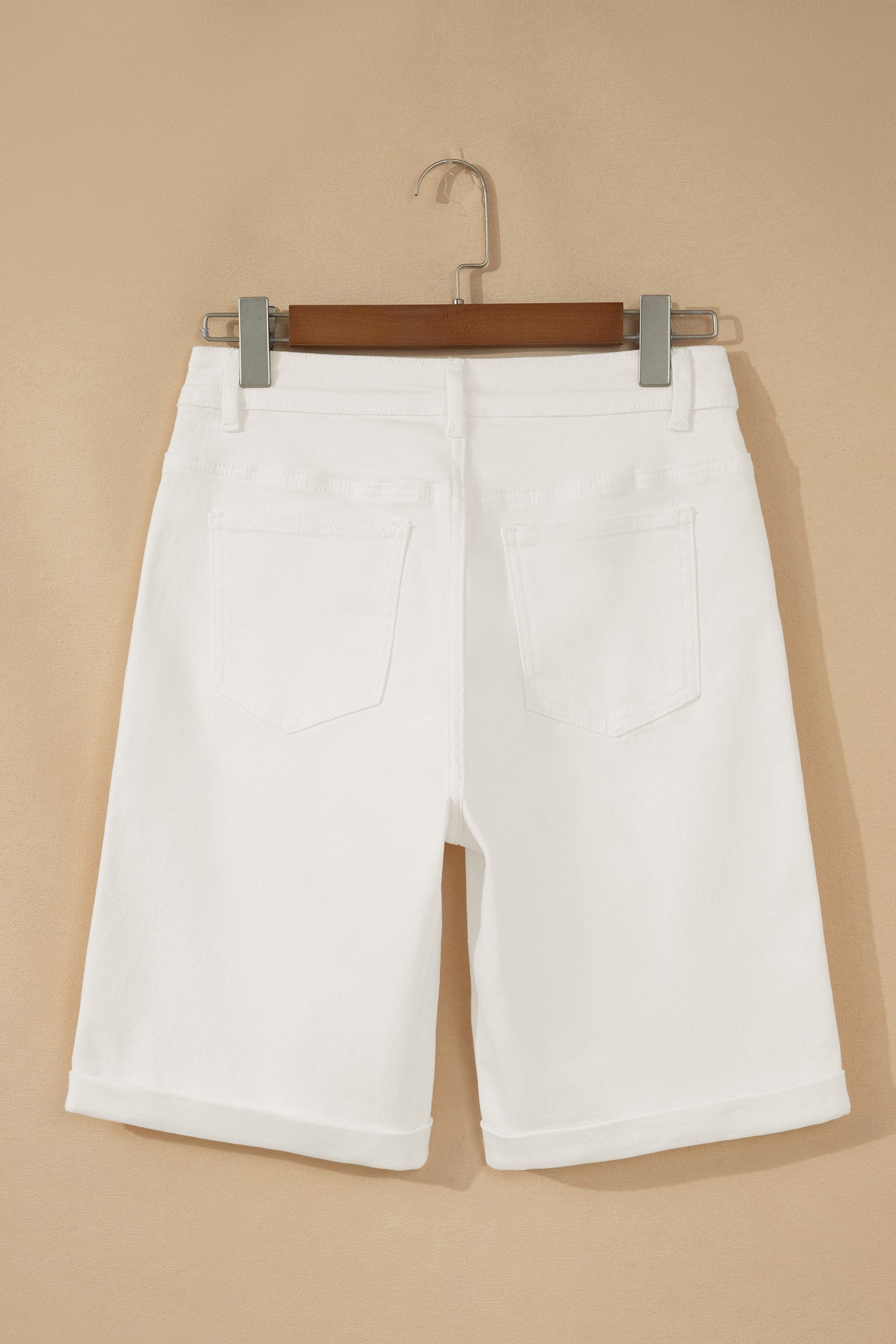White Solid Color Rolled Cuffs Denim Bermuda Shorts-Bottoms/Denim Shorts-[Adult]-[Female]-2022 Online Blue Zone Planet