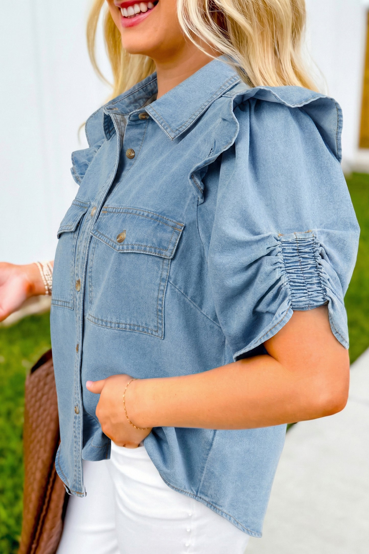 Myosotis Ruffle Detail Short Puff Sleeve Button Down Flap Pocket Denim Shirt-Tops/Blouses & Shirts-[Adult]-[Female]-2022 Online Blue Zone Planet