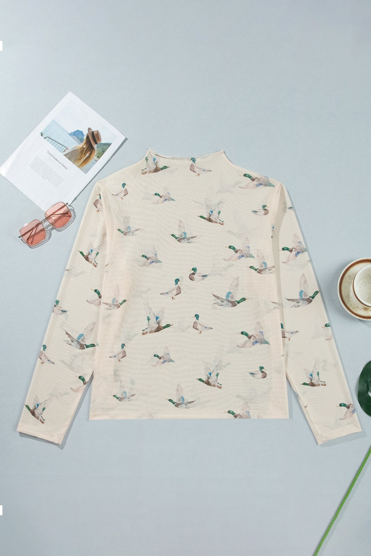 Beige Mesh Duck Print Tunic Long Sleeve Plus Size Blouse-Plus Size/Plus Size Tops/Plus Size Blouses & Shirts-[Adult]-[Female]-2022 Online Blue Zone Planet