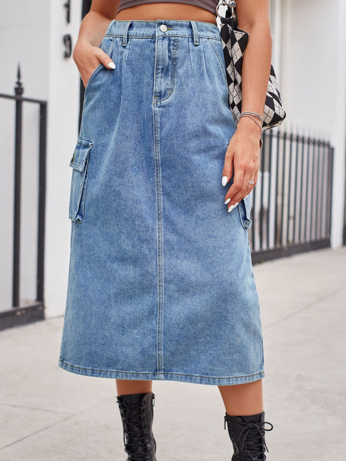 Slit Buttoned Denim Skirt with Pockets-BOTTOMS SIZES SMALL MEDIUM LARGETTOMS-[Adult]-[Female]-2022 Online Blue Zone Planet