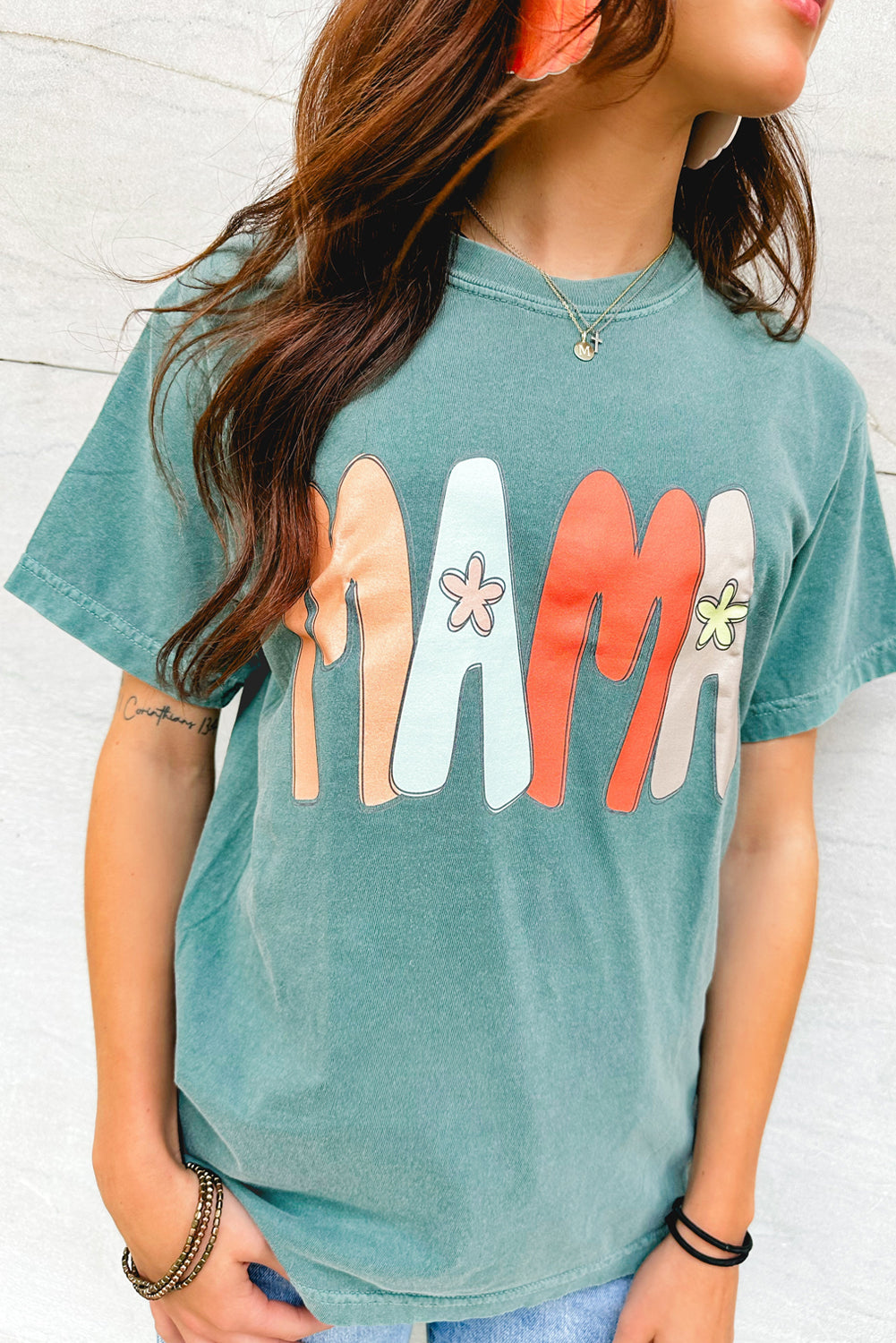 Sea Green MAMA Printed Mineral Wash Crewneck T Shirt-Tops/Tops & Tees-[Adult]-[Female]-2022 Online Blue Zone Planet