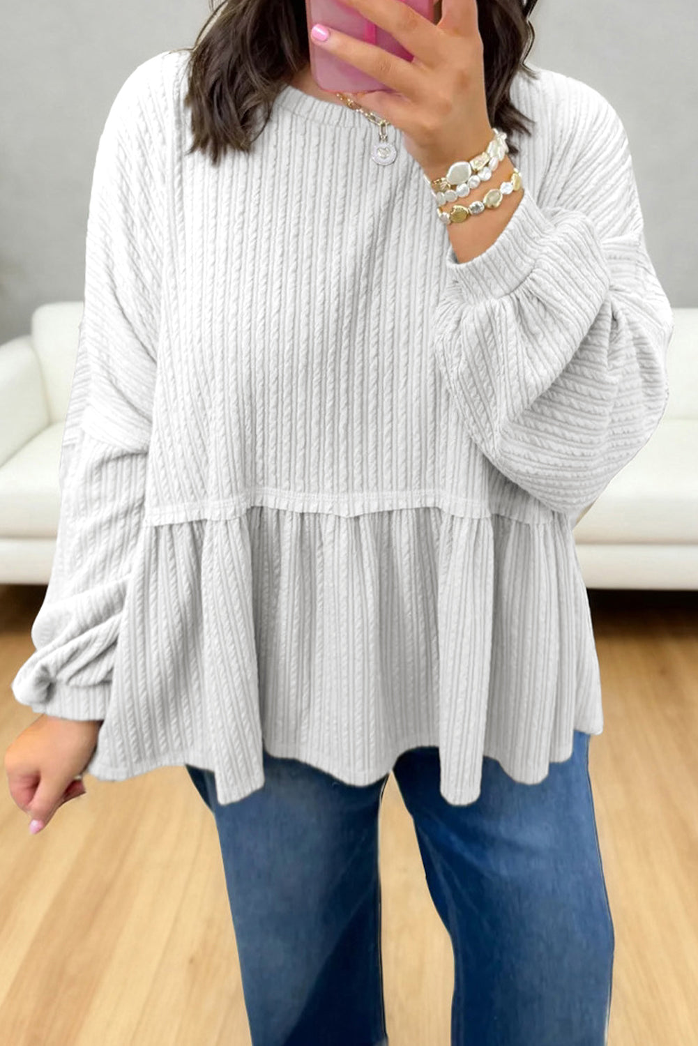 White Solid Color Textured Drop Shoulder Long Sleeve Peplum Top-Tops/Long Sleeve Tops-[Adult]-[Female]-White-S-2022 Online Blue Zone Planet