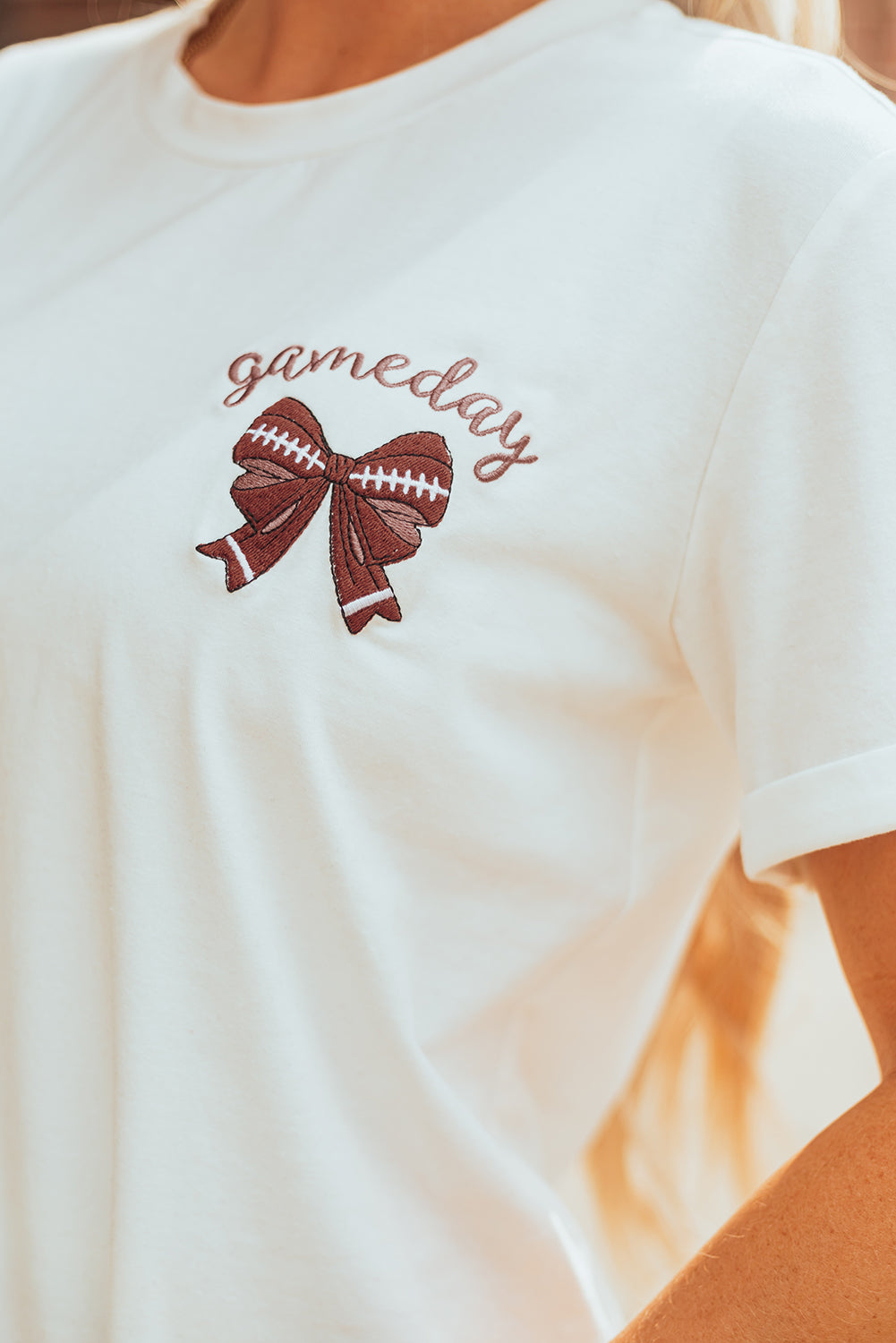 White Game Day Bowknot Embroidered Graphic Casual Tee-Graphic/Graphic Tees-[Adult]-[Female]-2022 Online Blue Zone Planet