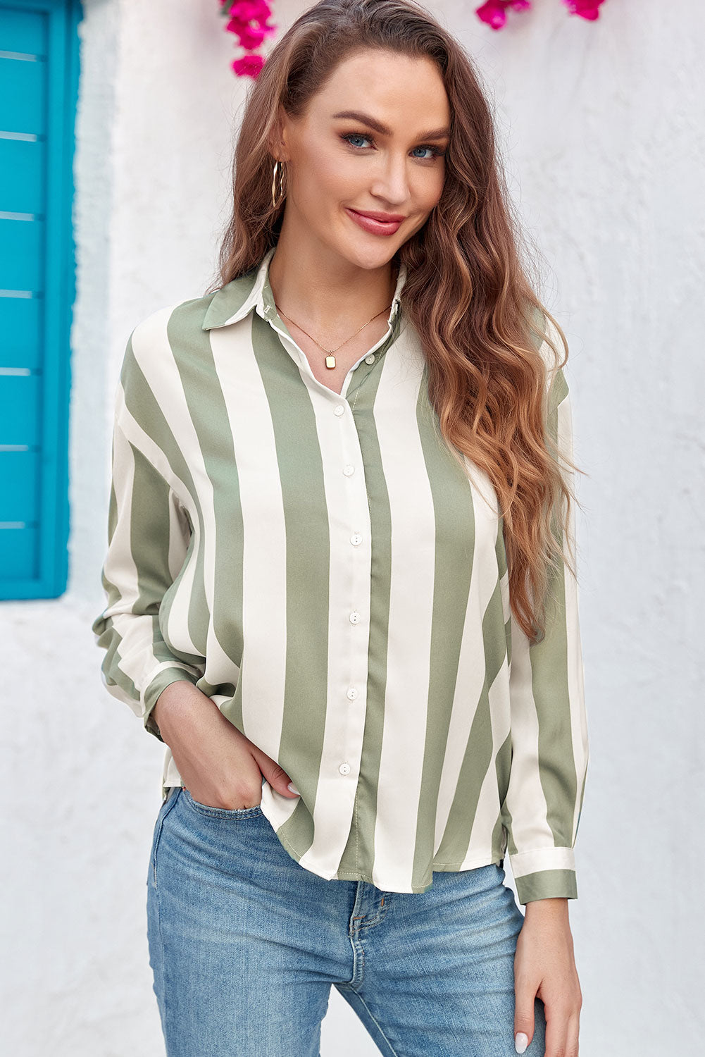 Green Striped Soft Relaxed Button Up Shirt-Tops/Blouses & Shirts-[Adult]-[Female]-2022 Online Blue Zone Planet