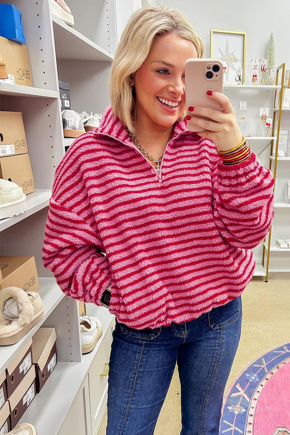 Pink Stripe Quarter Zip Fleece Oversize Sweatshirt-Tops/Sweatshirts & Hoodies-[Adult]-[Female]-2022 Online Blue Zone Planet