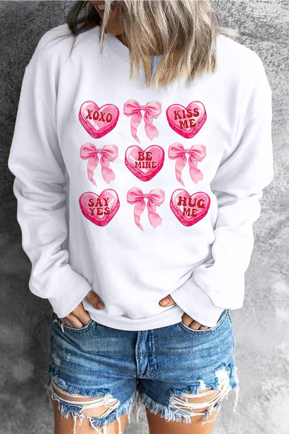 White Valentine Candy Heart & Bow Graphic Sweatshirt-Graphic Sweatshirts-[Adult]-[Female]-2022 Online Blue Zone Planet