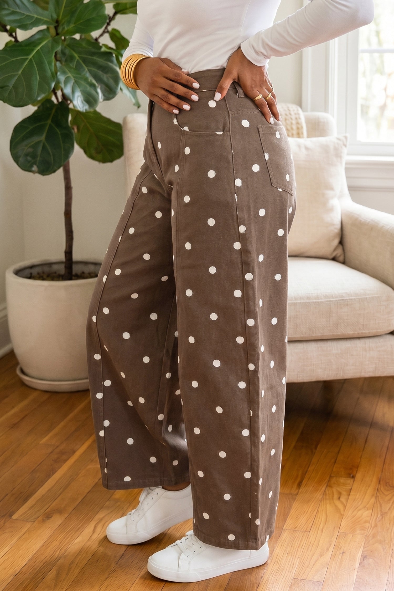 Brown Tailored Seam Polka Dot Print Barrel Casual Jeans-Bottoms/Jeans-[Adult]-[Female]-2022 Online Blue Zone Planet