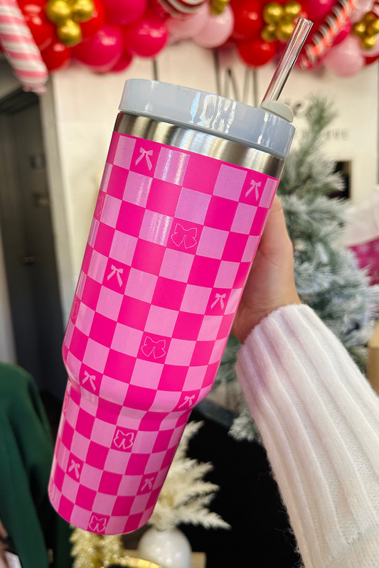 Bright Pink Checkered Bow Print Tumbler Cup-Cups-[Adult]-[Female]-Bright Pink-ONE SIZE-2022 Online Blue Zone Planet