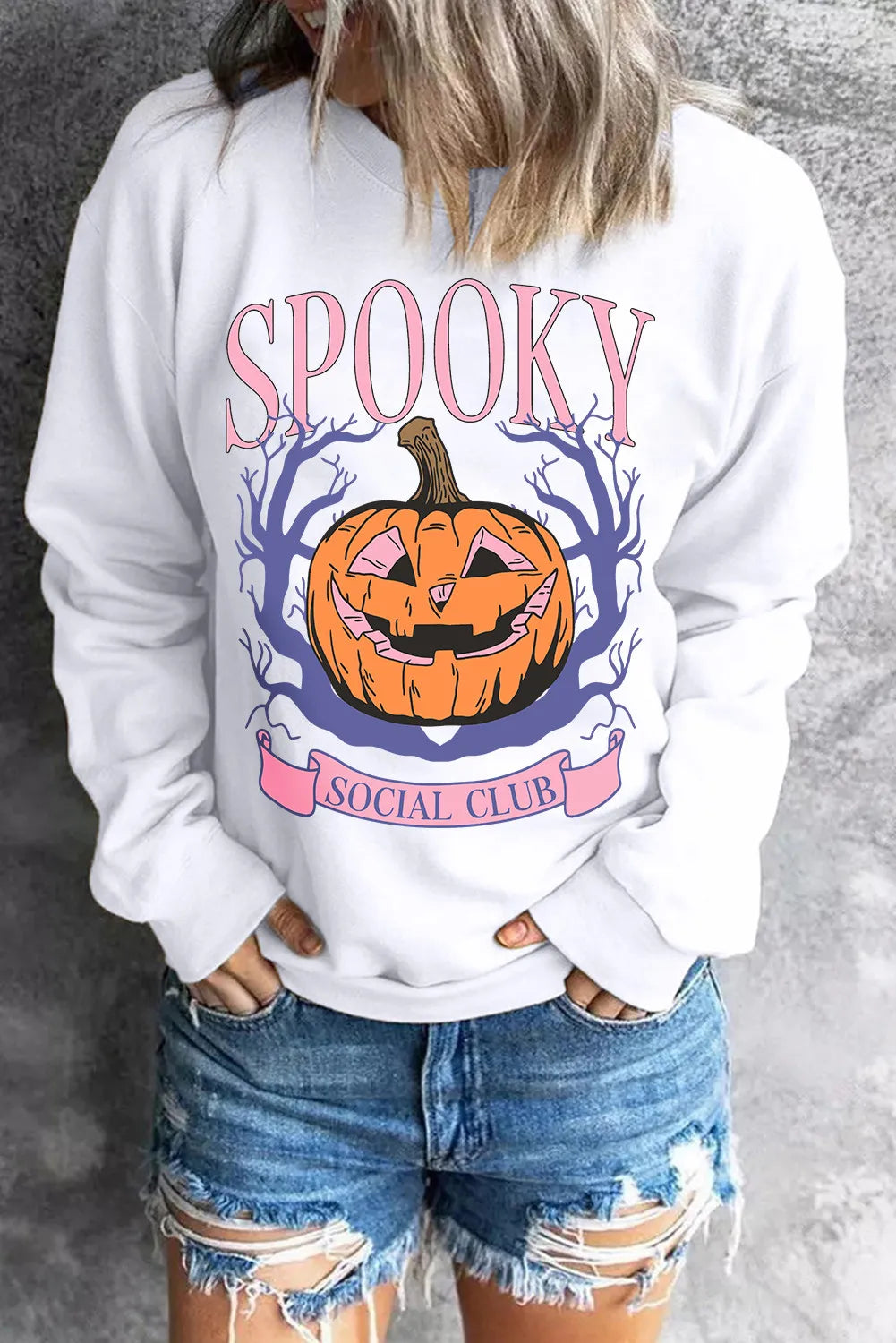 Blue Zone Planet | Jack-O'-Lantern Round Neck Long Sleeve Sweatshirt-TOPS / DRESSES-[Adult]-[Female]-White-S-2022 Online Blue Zone Planet