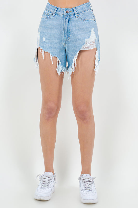 Blue Zone Planet | American Bazi High Waist Fringed Hem Denim Shorts-TOPS / DRESSES-[Adult]-[Female]-Blue-S-2022 Online Blue Zone Planet