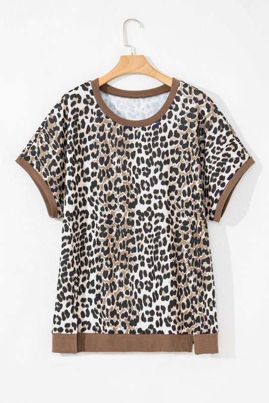 Khaki Leopard Contrast Trim Short Sleeve Loose Plus Size Top-Plus Size/Plus Size Tops/Plus Size Tops & Tees-[Adult]-[Female]-2022 Online Blue Zone Planet