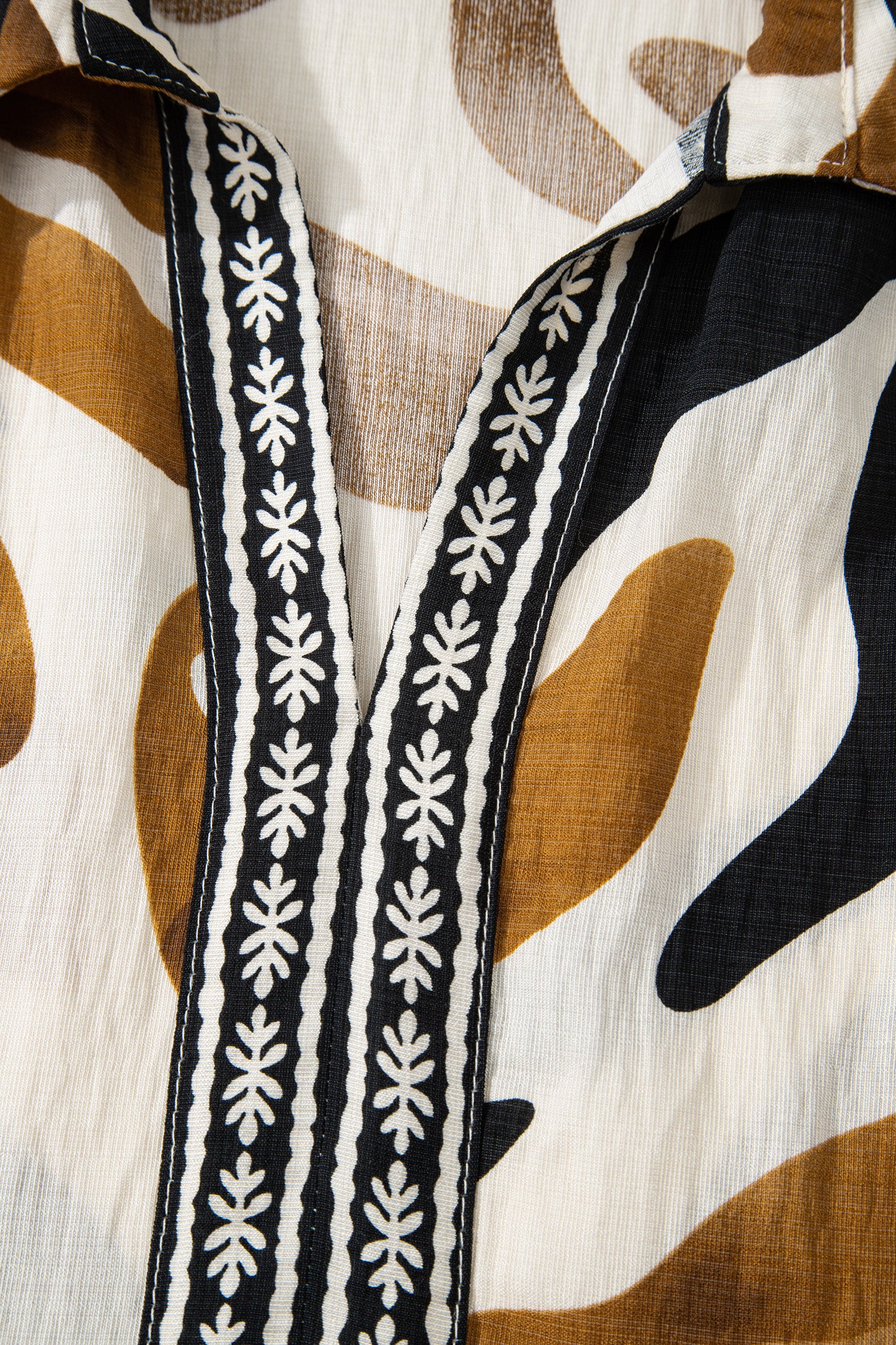 Brown Tropical Printed Contrast Trim Neck Long Sleeve Ruffle Hem Dress-TOPS / DRESSES-[Adult]-[Female]-2022 Online Blue Zone Planet