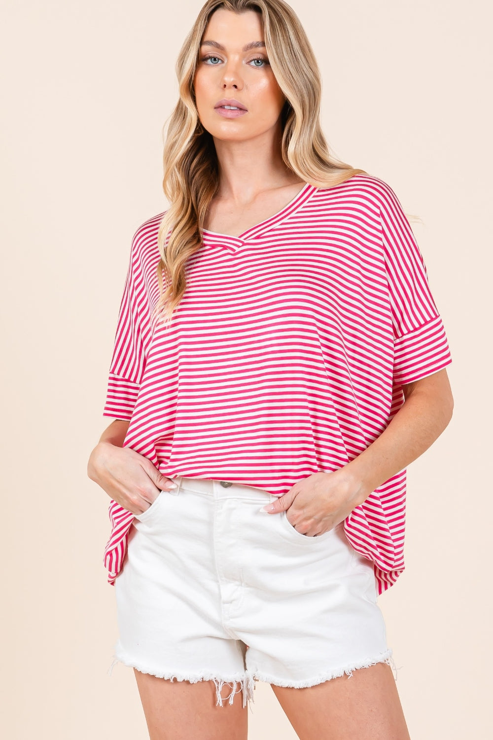 Blue Zone Planet | BOMBOM Striped V-Neck T-Shirt-TOPS / DRESSES-[Adult]-[Female]-Fuchsia-S-2022 Online Blue Zone Planet