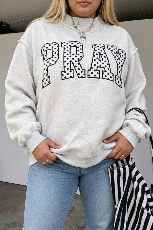 Gray PRAY Polka Dot Letter Print Mock Neck Plus Size Sweatshirt-Plus Size/Plus Size Sweatshirts & Hoodies-[Adult]-[Female]-Gray-1X-2022 Online Blue Zone Planet