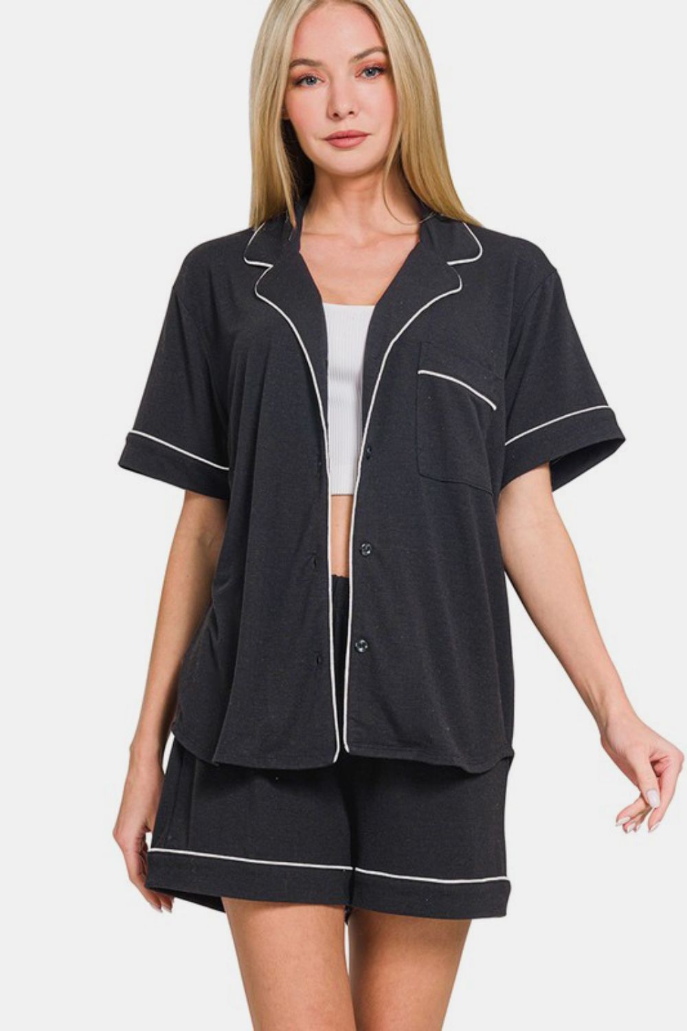 Blue Zone Planet | Zenana Button Down Short Sleeve Top and Shorts Lounge Set-TOPS / DRESSES-[Adult]-[Female]-Black-S-2022 Online Blue Zone Planet