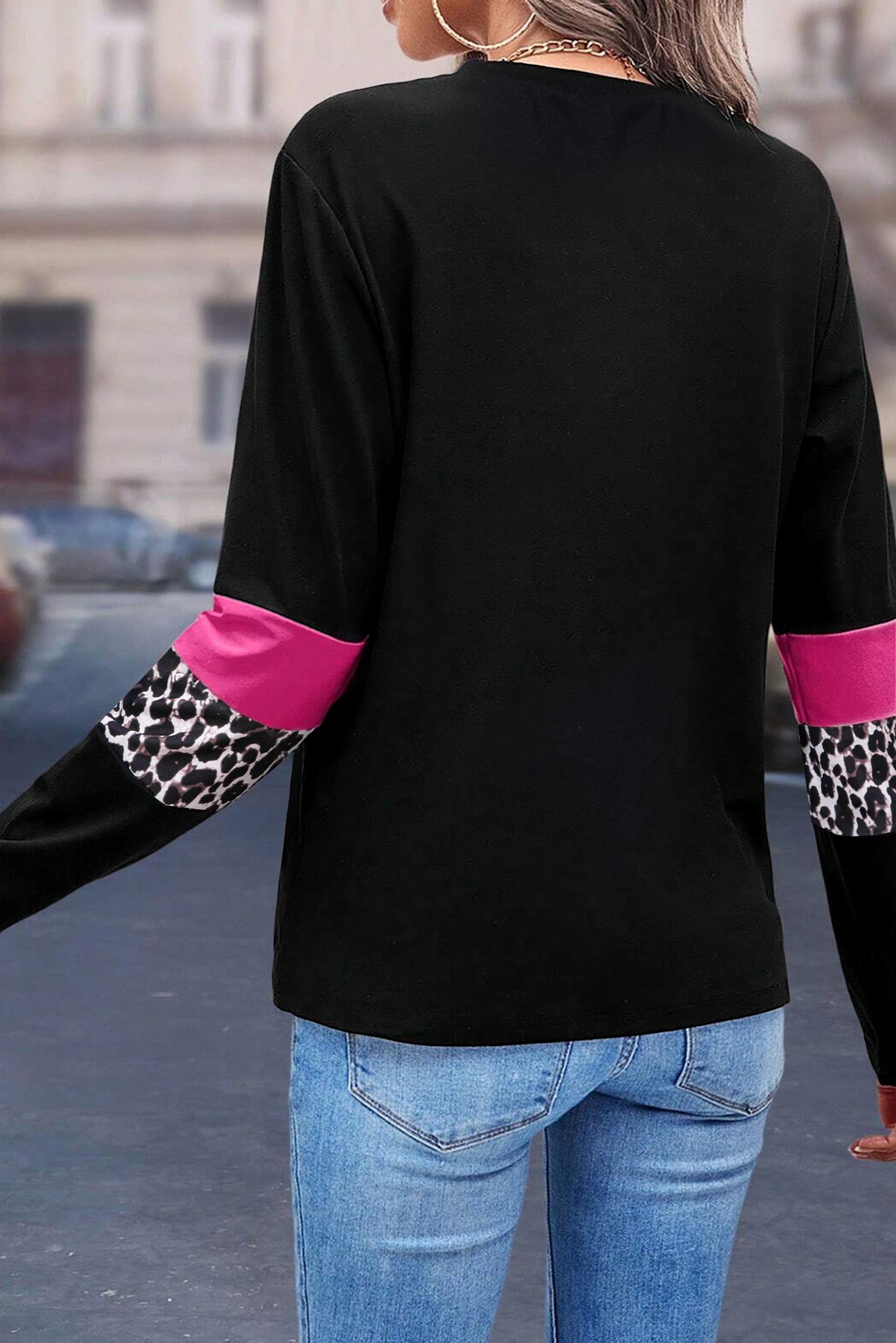 Rose Leopard Colorblock Patchwork Crew Neck Long Sleeve Tee-Tops/Long Sleeve Tops-[Adult]-[Female]-2022 Online Blue Zone Planet