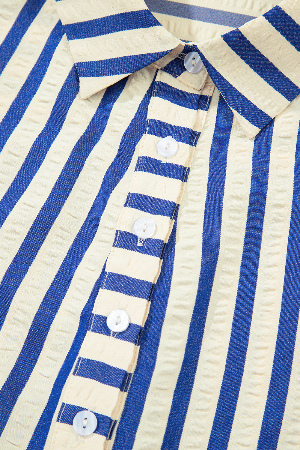 Blue Stripe Collared Half Button Side Pockets Loose Fit Mini Dress-Dresses/Mini Dresses-[Adult]-[Female]-2022 Online Blue Zone Planet